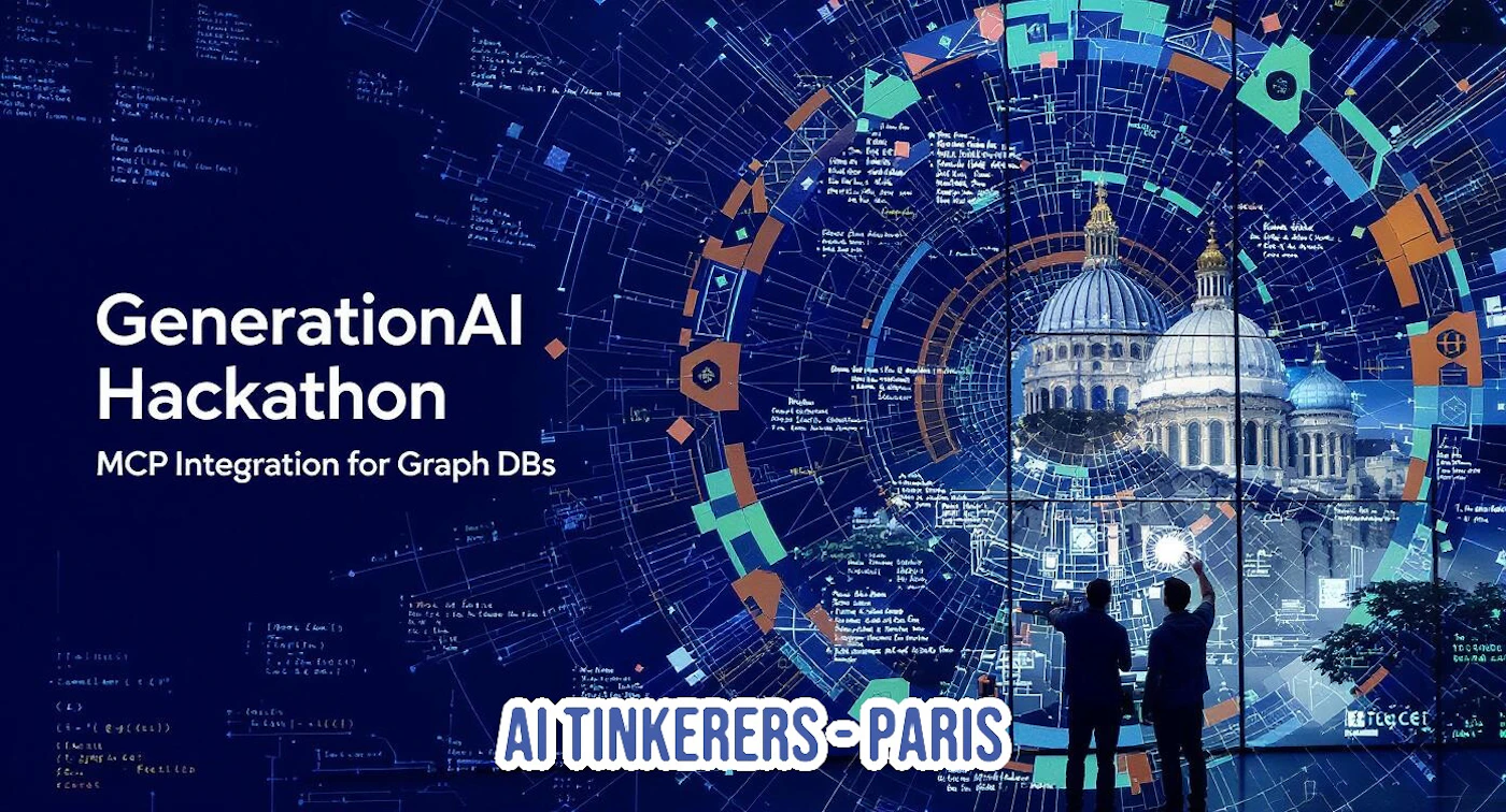 (Banner) A promotional banner for the 'GenerationAI Hackathon' featuring white text overlaid on a dark blue, futuristic background that includes technical blueprint diagrams and classical architectural domes, with two silhouetted figures viewing the display. Text: GenerationAI Hackathon MCP Integration for Graph DBs AI TINKERERS - PARIS Modern, technical, high-contrast. | Colors: #0d1b46, #ffffff, #2498b8, #f2e0a1 Note: This image is a structured graphic designed to promote a specific event (a hackathon) using clear, hierarchical text blocks set against a thematic, illustrative background.