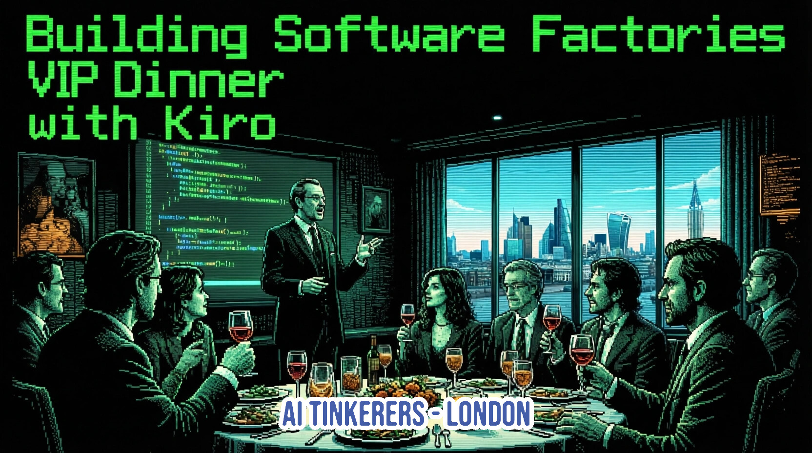 A retro-style pixel art illustration promoting a VIP dinner event for AI Tinkerers in London, featuring a group of people at a formal dinner while a man gives a presentation.. Text: Building Software Factories
VIP Dinner
with Kiro
AI TINKERERS - LONDON