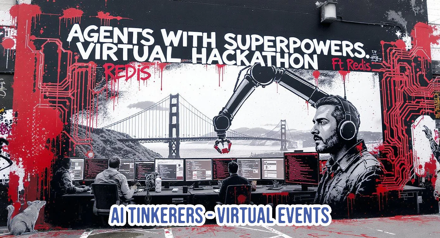 (Banner) The image is a high-contrast, graffiti-style graphic painted on a black wall, advertising the 'Agents with Superpowers Virtual Hackathon.' The artwork features a grayscale illustration of the Golden Gate Bridge and coders at desks, overlaid with bold white text and bright red circuit board patterns and paint splatters. Text: AGENTS WITH SUPERPOWERS VIRTUAL HACKATHON REDIS Ft Redis AI TINKERERS - VIRTUAL EVENTS Street art/Graffiti aesthetic, high contrast, technical/cyberpunk themes. | Colors: #000000, #FFFFFF, #FF0000, #808080 Note: The image functions as a large-scale, visually striking advertisement or announcement for a specific event, utilizing bold typography and illustrative elements typical of a promotional banner or mural.