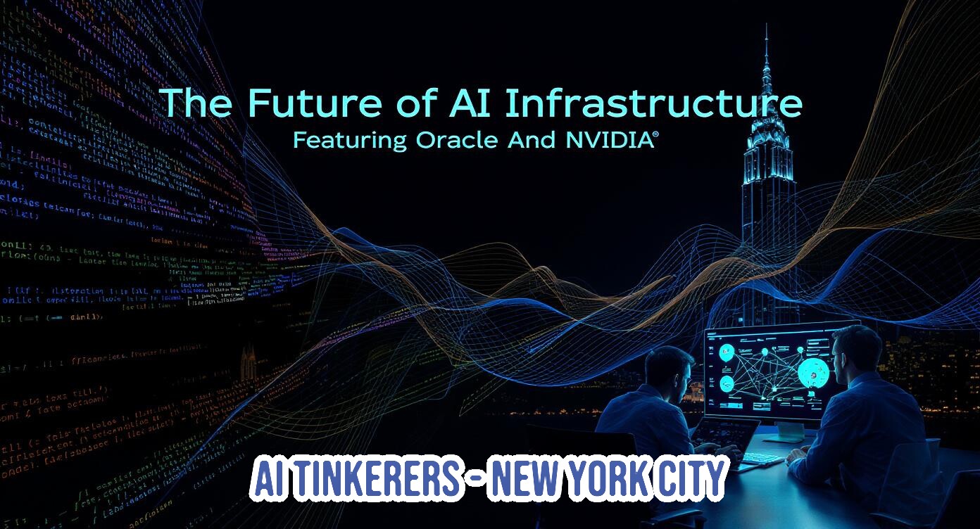 A dark, high-tech promotional banner advertising an event titled 'The Future of AI Infrastructure,' featuring abstract digital code, flowing data lines, a stylized New York skyscraper, and two figures working at computers.. Text: The Future of AI Infrastructure
Featuring Oracle And NVIDIA®
AI TINKERERS-NEW YORK CITY