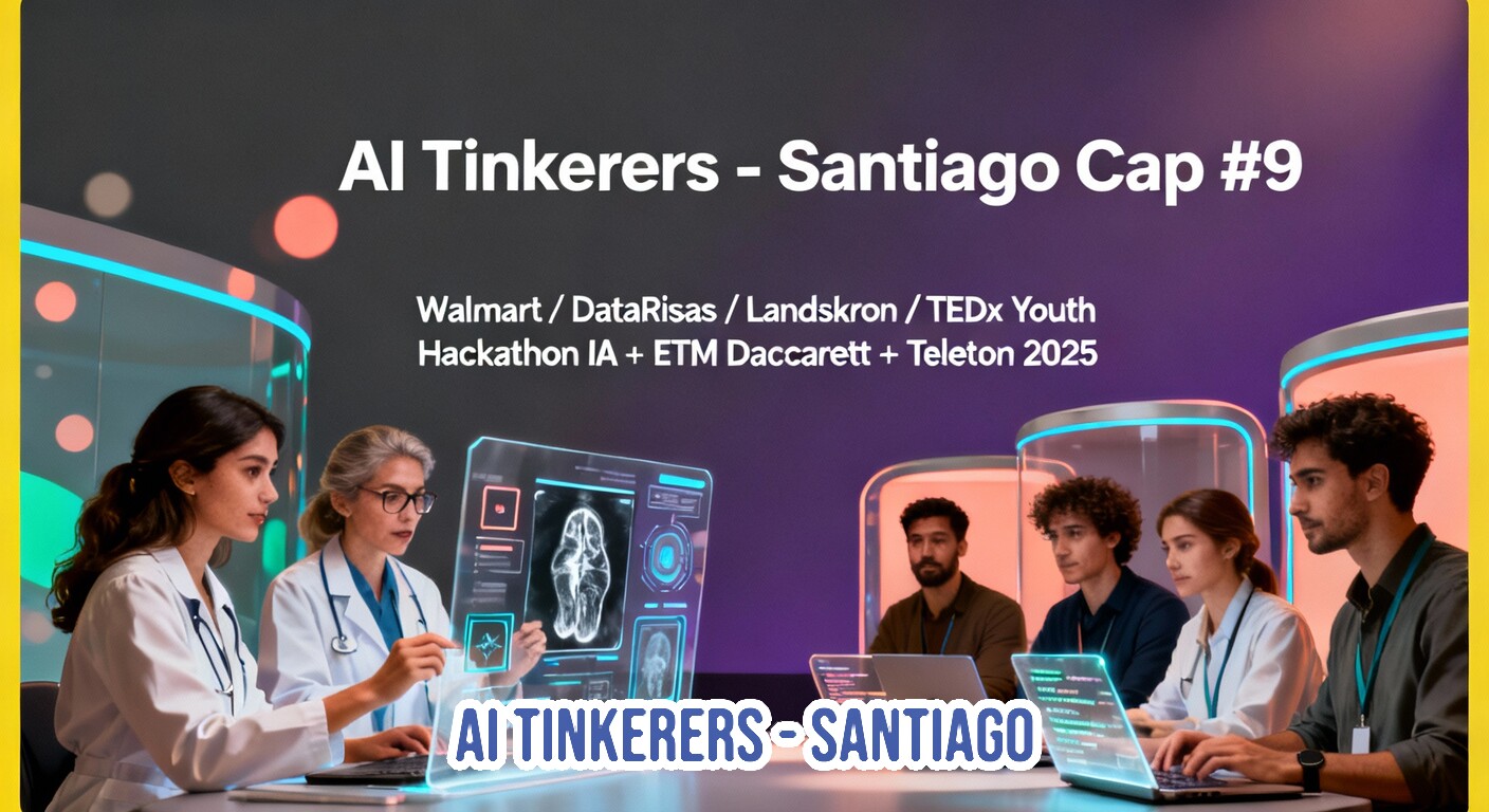 The image is a promotional banner featuring a group of people, including individuals in lab coats, collaborating around a table in a futuristic setting with holographic screens displaying medical data and code. Overlay text announces the event 'AI Tinkerers - Santiago Cap #9' and lists various sponsors and partners.. Text: AI Tinkerers - Santiago Cap #9 Walmart / DataRisas / Landskron / TEDx Youth Hackathon IA + ETM Daccarett + Teleton 2025 AI TINKERERS - SANTIAGO
