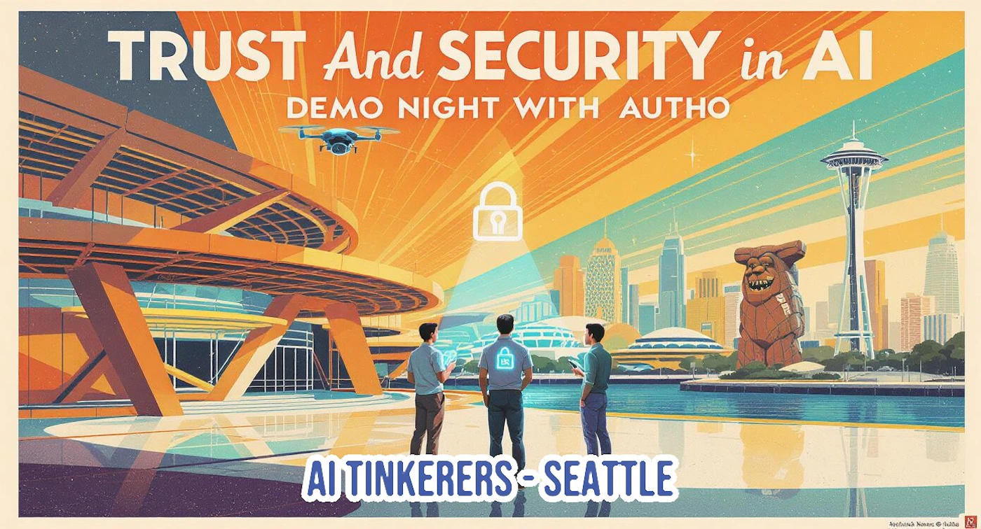 (Banner) This is a retro-futuristic promotional banner for an event titled "TRUST And SECURITY in AI," featuring a stylized illustration of the Seattle skyline at sunset. Text: TRUST And SECURITY in AI DEMO NIGHT WITH AUTHO AI TINKERERS - SEATTLE Retro-futuristic travel poster aesthetic, bold colors, digital illustration. | Colors: #D96633, #70C0C0, #2B3A4D, #F0E8D0 Note: The image is a graphic design piece combining large, promotional text with a detailed illustration, clearly functioning as a poster or advertisement for a specific event.