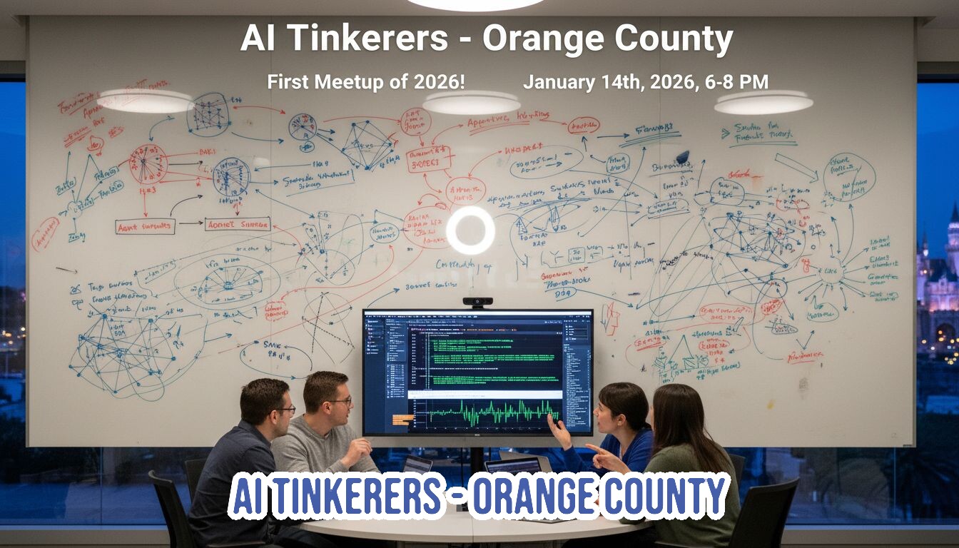 A promotional banner for the 'AI Tinkerers - Orange County' meetup, featuring a photograph of four people collaborating around a computer monitor in an office with a complex whiteboard diagram behind them, set against a night city view.. Text: AI Tinkerers - Orange County First Meetup of 2026! January 14th, 2026, 6-8 PM AI TINKERERS - ORANGE COUNTY