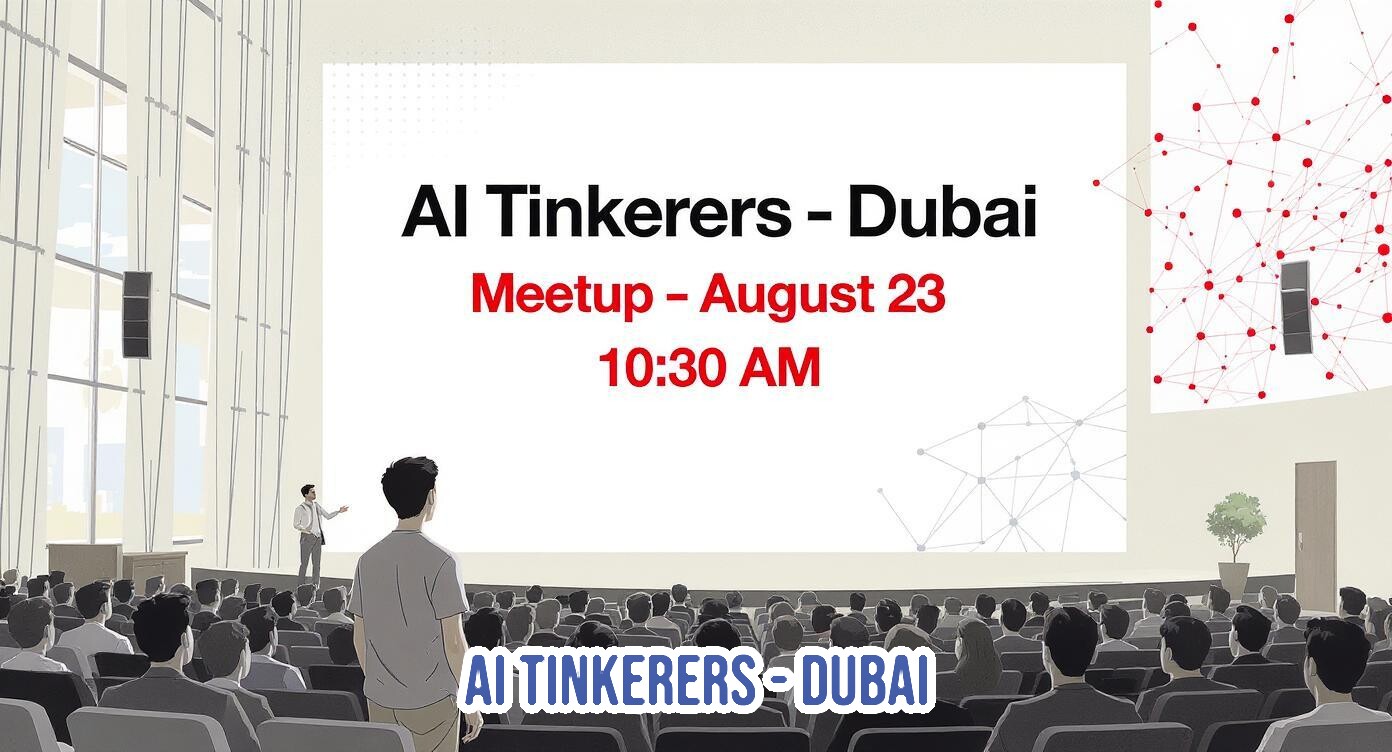 A digital illustration depicting a large audience attending a meetup in an auditorium, with event details projected on a large screen.. Text: AI Tinkerers - Dubai
Meetup - August 23
10:30 AM
AI TINKERERS - DUBAI
