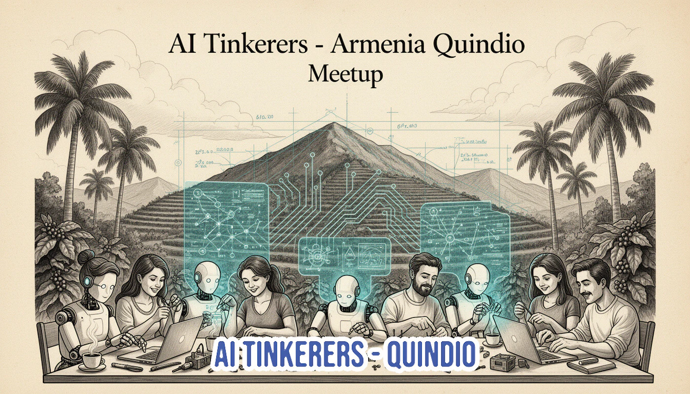 (Illustration) A detailed digital illustration rendered in a vintage sketch style, promoting an 'AI Tinkerers - Armenia Quindio Meetup' and showing a diverse group of five humans and four robots collaborating around a table with laptops and electronic components, set against a backdrop of tropical mountains and palm trees. Text: AI Tinkerers - Armenia Quindio Meetup AI TINKERERS - QUINDIO Line-art/Sketch with flat digital elements | Colors: #D9D2C0, #333333, #00A6A6 Note: The image is a complex, digitally created piece of artwork designed in a detailed sketch style, making 'illustration' the most accurate category, even though it serves a promotional banner function.