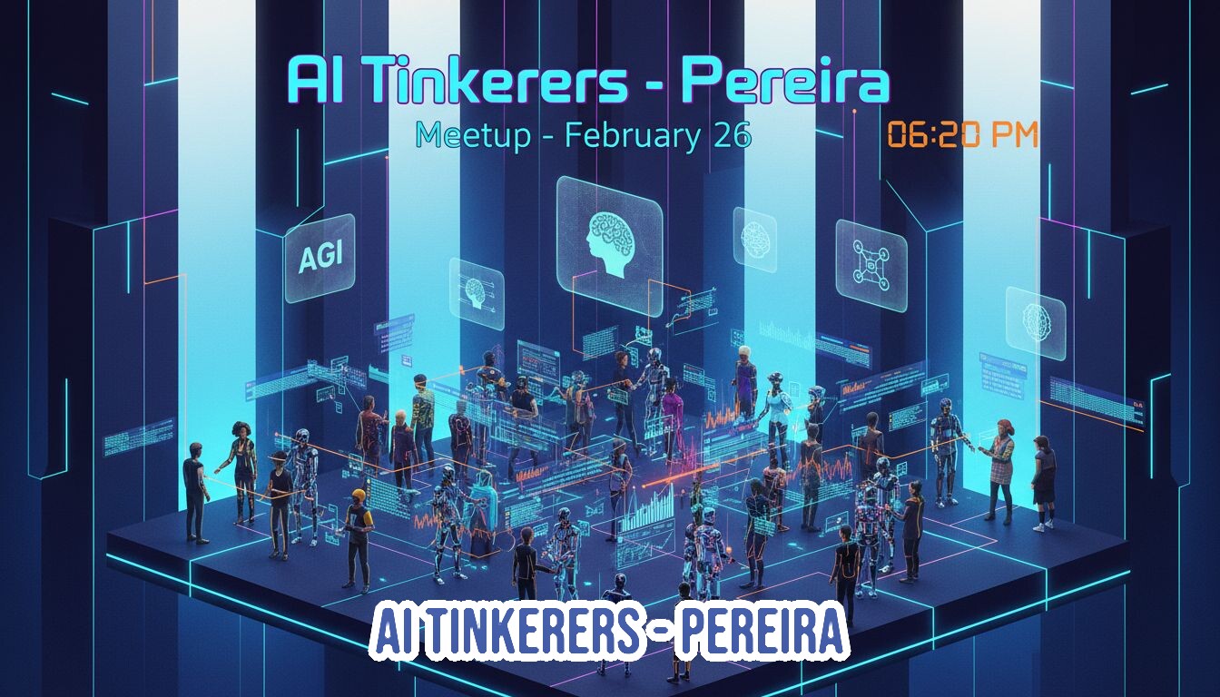 A promotional graphic for an 'AI Tinkerers - Pereira' meetup, featuring stylized white text overlaid on a futuristic, neon-blue digital illustration of numerous human and robotic avatars gathered on a holographic data platform.. Text: AI Tinkerers - Pereira Meetup - February 26 06:20 PM AGI AI TINKERERS - PEREIRA