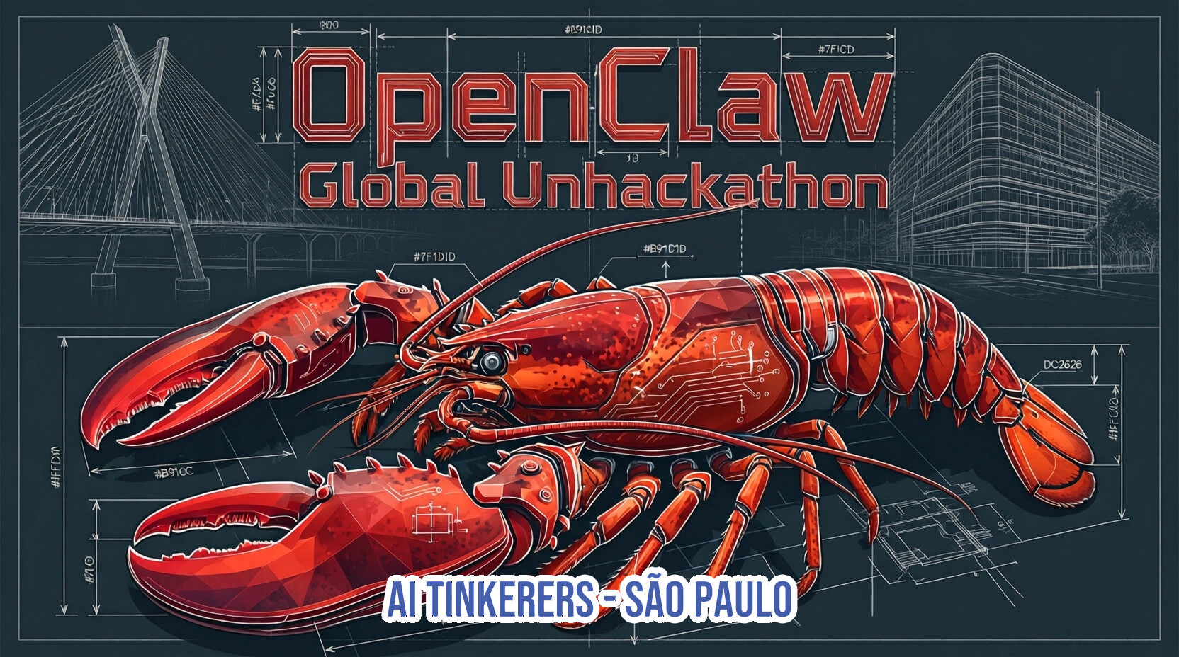 A promotional banner for the 'OpenClaw Global Unhackathon' featuring a red mechanical lobster on a dark blue blueprint background with architectural sketches.. Text: OpenClaw
Global Unhackathon
AI TINKERERS - SÃO PAULO
#B91C1D #7F1D1D #111827 #DC2626 #FFC107