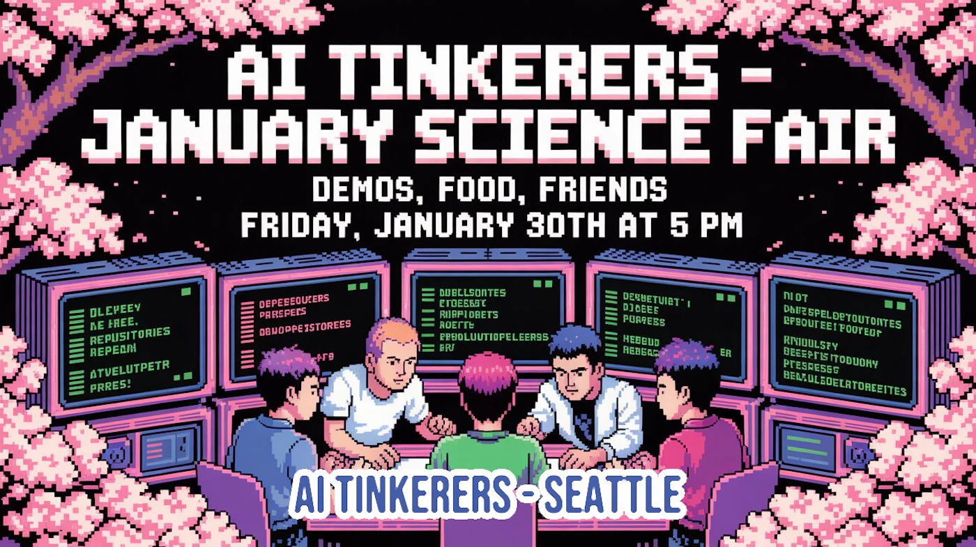 (Banner) A promotional banner for the 'AI Tinkerers - January Science Fair' event, rendered in a vibrant pixel art style featuring a vaporwave aesthetic. Text: AI TINKERERS - JANUARY SCIENCE FAIR DEMOS, FOOD, FRIENDS FRIDAY, JANUARY 30TH AT 5 PM AI TINKERERS - SEATTLE pixel art, 8-bit style, vaporwave aesthetic | Colors: #000000, #FFFFFF, #F5B7D7, #6A0DAD Note: This image is a graphic design created specifically to advertise an event, using large, stylized text and a detailed illustration, fitting the definition of a promotional banner.