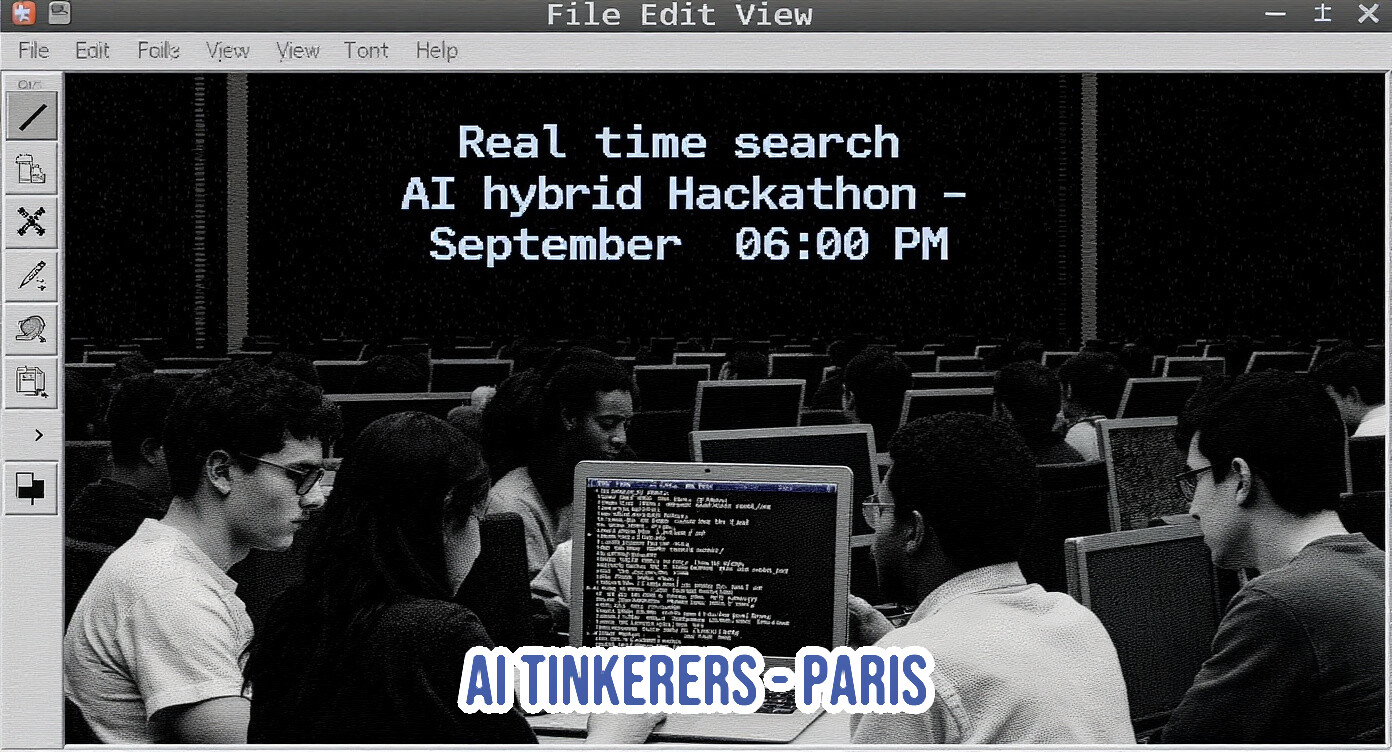 A digital banner advertising an 'AI hybrid Hackathon' framed within a simulated computer window, featuring event details over a black-and-white photo of people working on laptops.. Text: File Edit View Help
Real time search
AI hybrid Hackathon -
September 06:00 PM
AI TINKERERS - PARIS