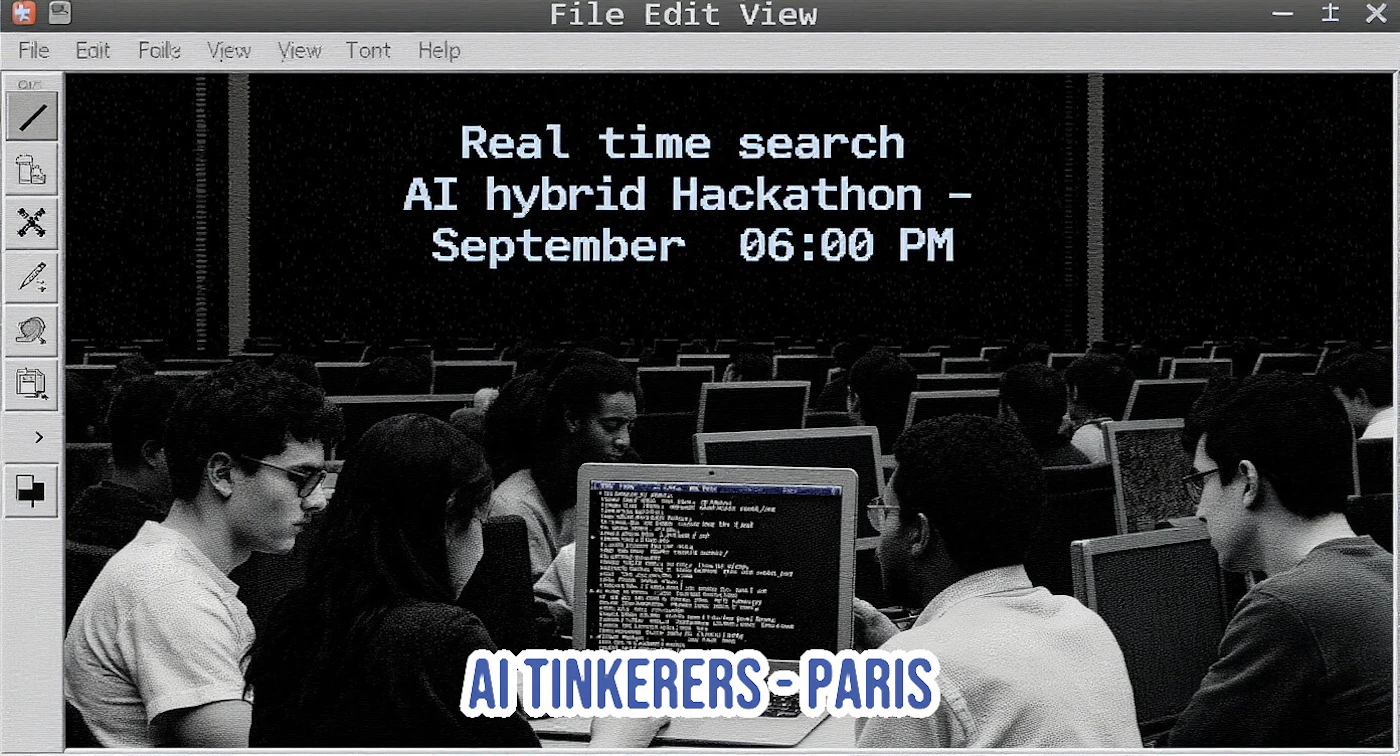 (Banner) A dark, grainy promotional image framed within a vintage computer operating system window, advertising an 'AI hybrid Hackathon.' The background shows a large group of people seated in a lecture hall or computer lab, intensely working on open laptops. Text: File Edit View Real time search AI hybrid Hackathon - September 06:00 PM AI TINKERERS-PARIS [unreadable text on laptop screen and menu items] Retro, dark, technical, and high-contrast. | Colors: #000000, #FFFFFF, #E0E0E0, #1976D2 Note: The image functions as an advertisement or promotional graphic, combining a heavily filtered photograph with large, overlaid text detailing an event, all framed within a stylized graphical user interface.