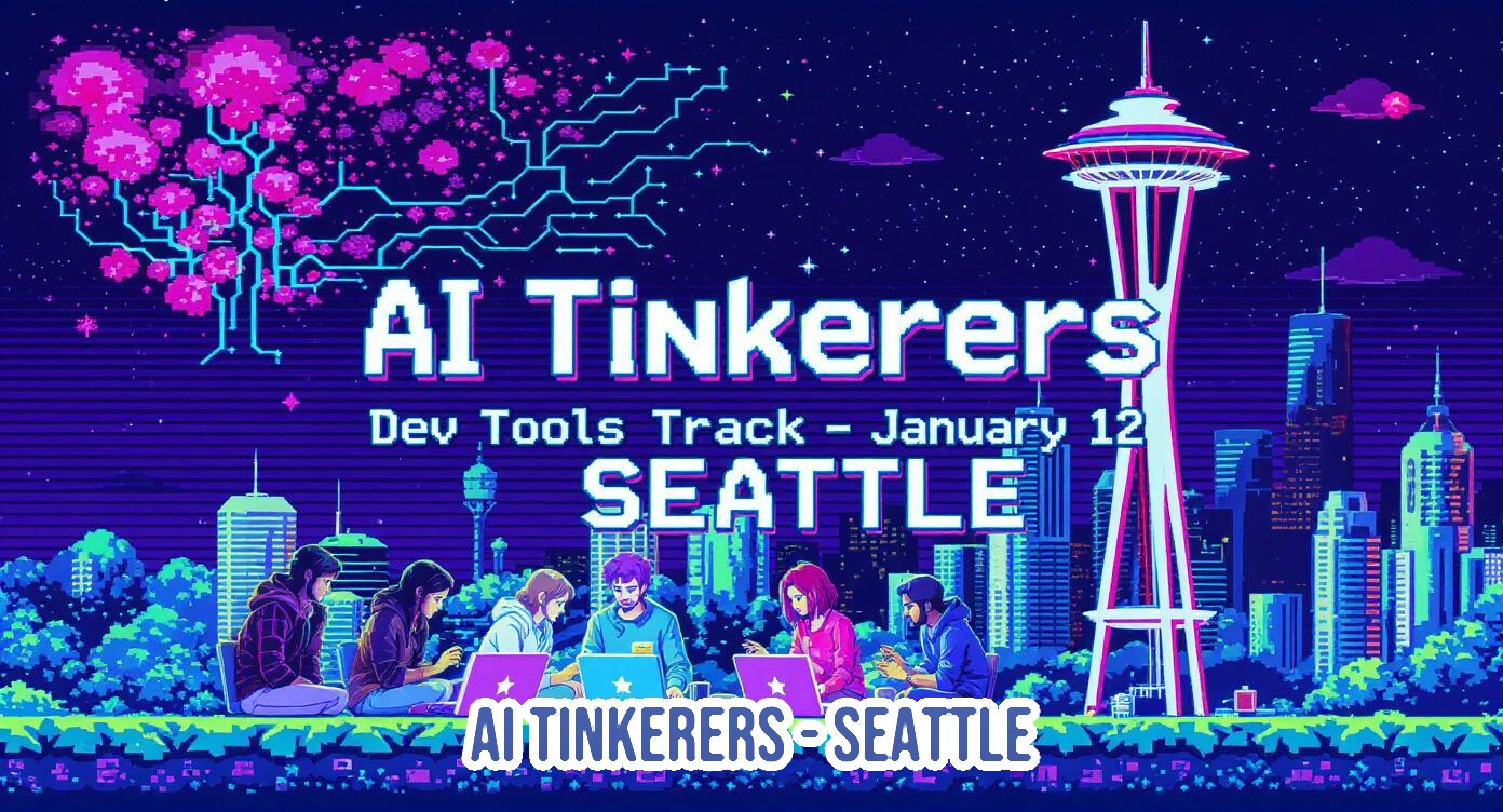 A digital banner promoting the 'AI Tinkerers' event in Seattle, featuring a pixel art illustration of the city skyline at night with the Space Needle and a group of people working on laptops.. Text: AI Tinkerers
Dev Tools Track - January 12
SEATTLE
AI TINKERERS-SEATTLE