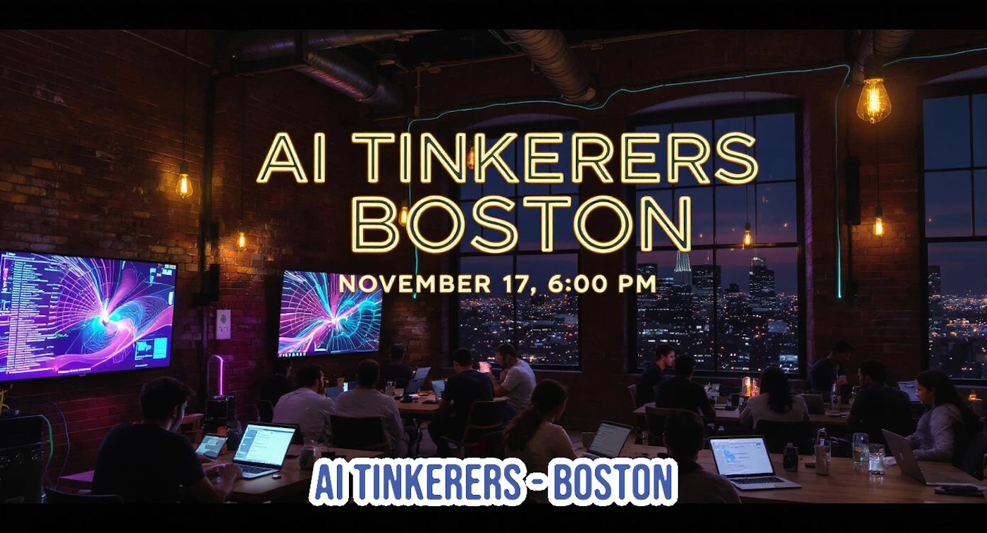 (Banner) A promotional banner for an 'AI Tinkerers Boston' event, featuring stylized text overlaid on a photograph of people working on laptops in a dimly lit, industrial-style office overlooking a city skyline at night. Text: AI TINKERERS BOSTON NOVEMBER 17, 6:00 PM AI TINKERERS-BOSTON Dark, moody, industrial aesthetic with bright neon-style text overlay. | Colors: #402010, #FFD700, #101015, #8A2BE2 Note: The image is a composite graphic designed specifically to advertise an event, utilizing large, stylized text elements placed over a relevant photographic background, fitting the definition of a promotional banner.