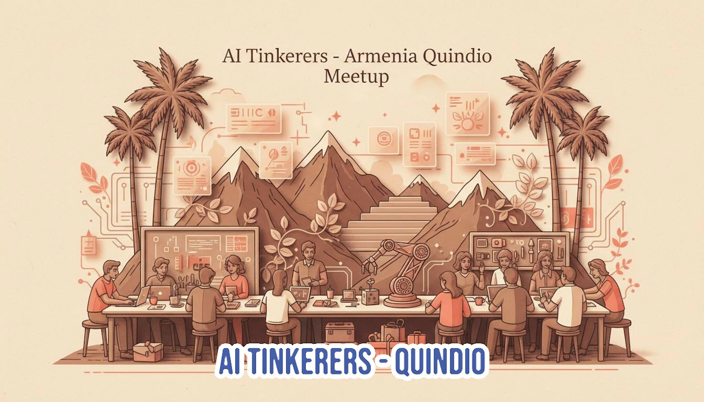 (Banner) A promotional banner for the 'AI Tinkerers - Armenia Quindio Meetup,' featuring a stylized, sepia-toned illustration of a group of people collaborating around a table with laptops and a robotic arm, set against a backdrop of mountains and palm trees. Text: AI Tinkerers - Armenia Quindio Meetup AI TINKERERS - QUINDIO Illustrated, sepia-toned, modern/tech theme. | Colors: #D9C3A3, #8C5E47, #36407D Note: The image is designed as a digital poster or advertisement for a specific event ('Meetup'), characterized by prominent text overlaid on a detailed background illustration.