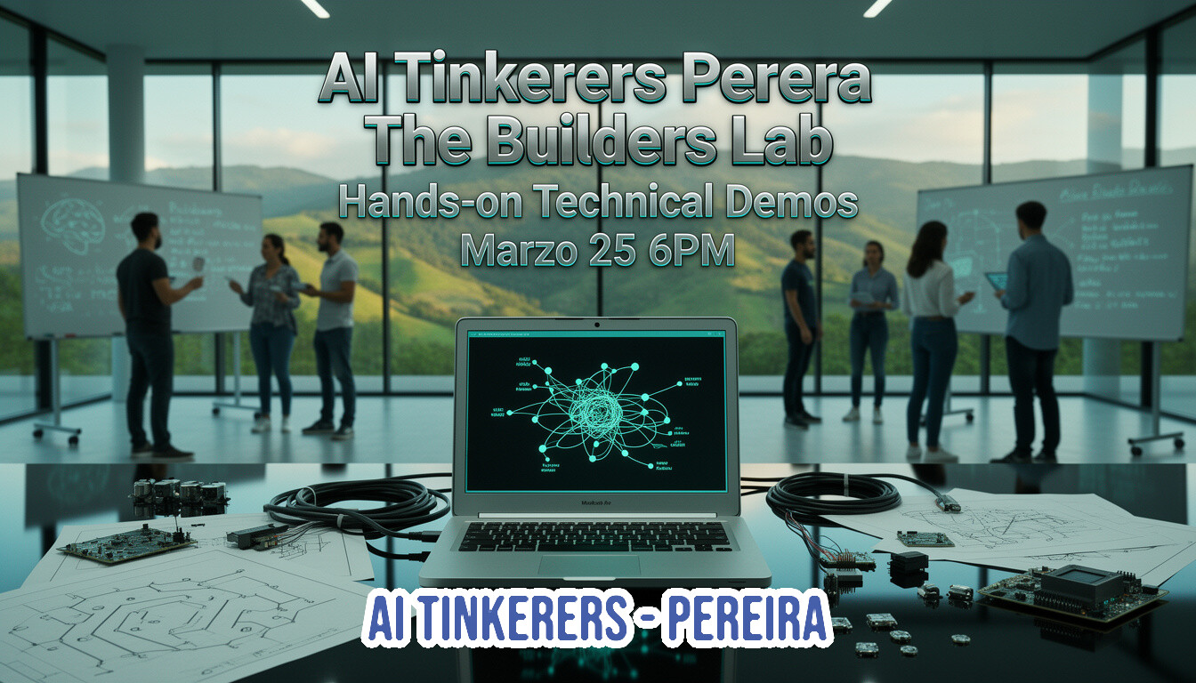 A promotional banner for a technical event called 'AI Tinkerers Pereira', featuring a laptop with a neural network visualization and people collaborating in a modern office setting.. Text: AI Tinkerers Perera
The Builders Lab
Hands-on Technical Demos
Marzo 25 6PM
AI TINKERERS - PEREIRA