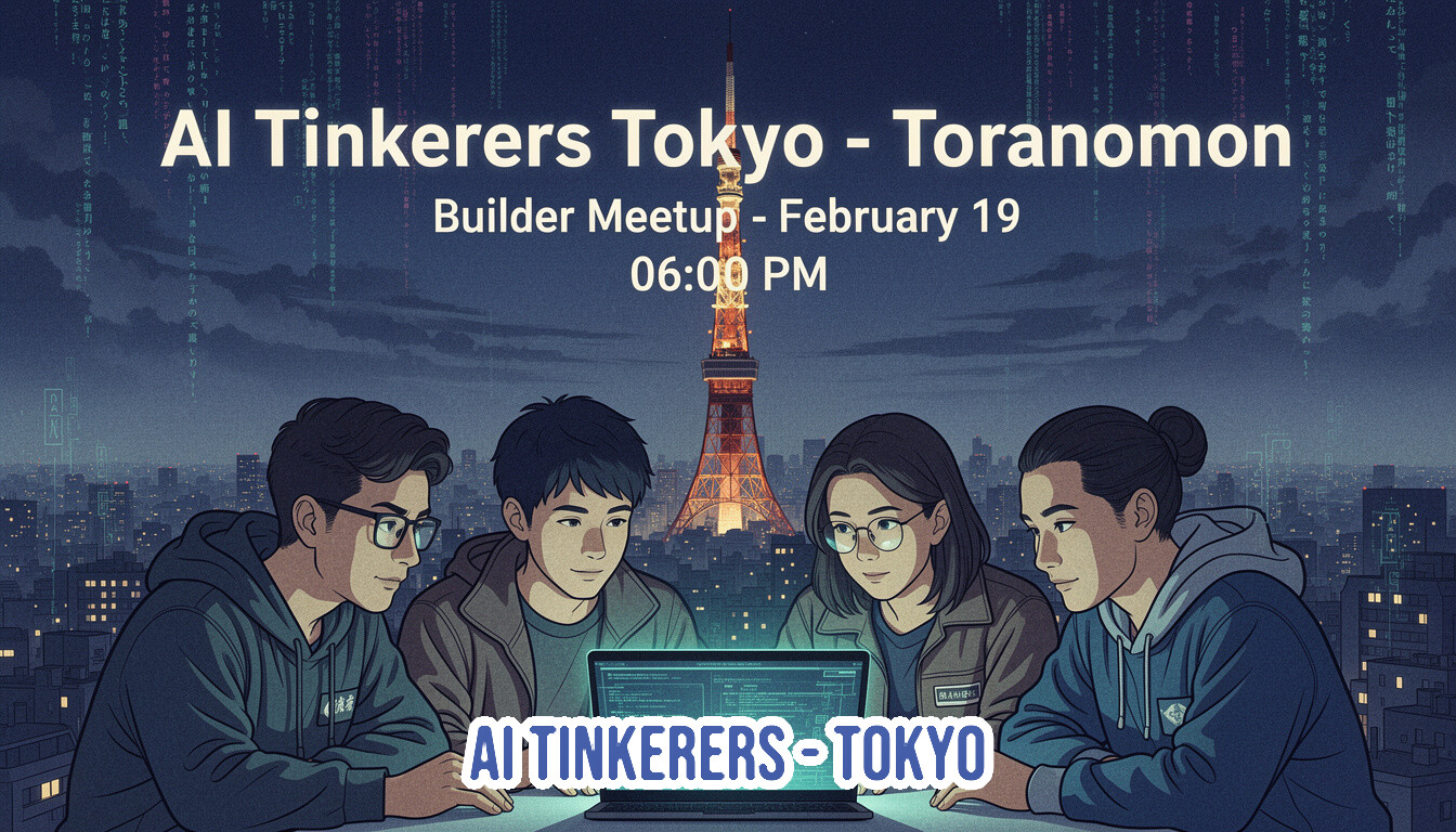 A promotional banner for the 'AI Tinkerers Tokyo - Toranomon' meetup, featuring an illustration of four people gathered around a laptop against a nighttime Tokyo cityscape with the Tokyo Tower in the background.. Text: AI Tinkerers Tokyo - Toranomon
Builder Meetup - February 19
06:00 PM
AI TINKERERS - TOKYO