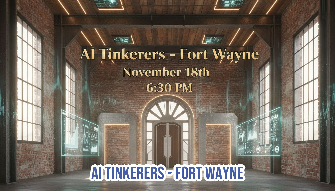 A promotional banner for an event called 'AI Tinkerers - Fort Wayne,' featuring event details overlaid on a 3D rendered background of a dark, industrial loft interior with exposed brick and futuristic holographic screens.. Text: AI Tinkerers - Fort Wayne November 18th 6:30 PM AI TINKERERS - FORT WAYNE