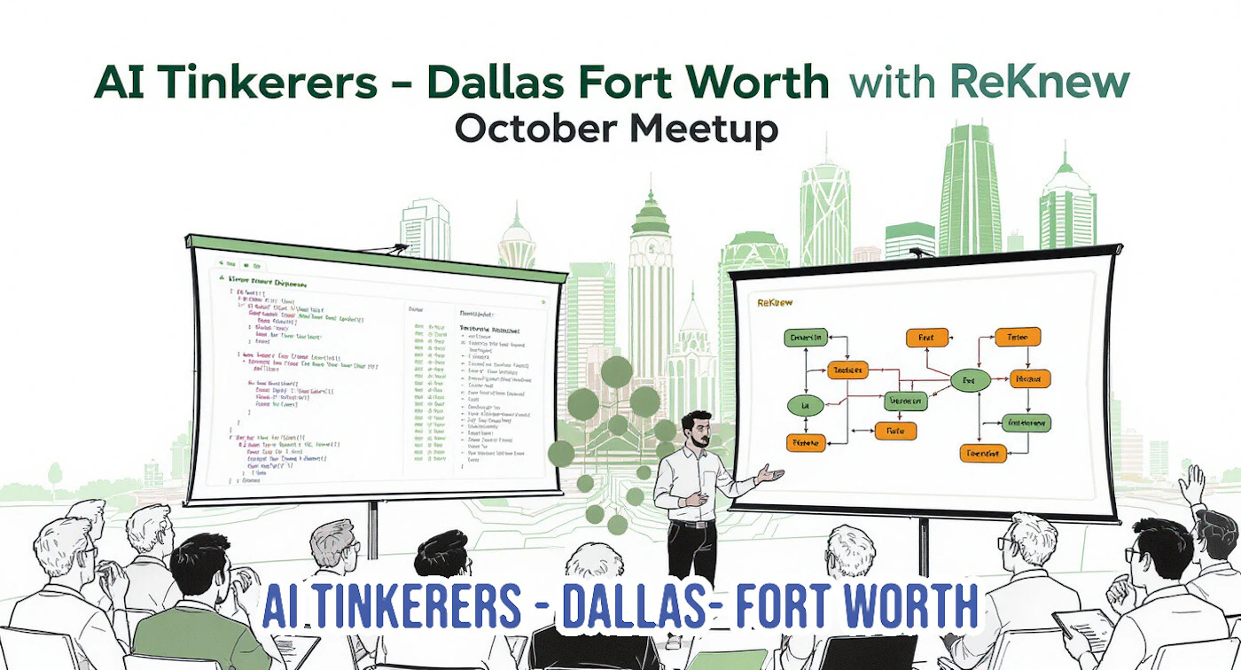 (Illustration) An illustration depicting a tech meetup or presentation, featuring a speaker presenting in front of two projection screens, an audience, and a stylized city skyline in the background. The screens display programming code and a network diagram. Text: AI Tinkerers - Dallas Fort Worth with ReKnew October Meetup AI TINKERERS - DALLAS - FORT WORTH Elixir Primer Decisions def hello_world do   IO.puts("Hello World") end def factorial(n) do   case n do     0 -> 1     _ -> n * factorial(n - 1)   end end def fibonacci(n) do   case n do     n < 2 -> n     _ -> fibonacci(n - 1) + fibonacci(n - 2)   end end def sum_list(list) do   Enum.reduce(list, 0, fn x, acc -> x + acc end) end def map_list(list, func) do   Enum.map(list, func) end def filter_list(list, func) do   Enum.filter(list, func) end def find_first(list, func) do   Enum.find(list, func) end ReKnew Converse Saudex UI Phoenix Fast Teline Ped Hiccup Duracene Tafie Incredent ReKnew Abilities: 1. [unreadable] 2. [unreadable] 3. [unreadable] 4. [unreadable] 5. [unreadable] 6. [unreadable] 7. [unreadable] 8. [unreadable] 9. [unreadable] 10. [unreadable] 11. [unreadable] 12. [unreadable] 13. [unreadable] 14. [unreadable] 15. [unreadable] 16. [unreadable] 17. [unreadable] 18. [unreadable] 19. [unreadable] 20. [unreadable] 21. [unreadable] 22. [unreadable] 23. [unreadable] 24. [unreadable] 25. [unreadable] flat, 2D, line-art | Colors: #FFFFFF, #3D7A58, #2D2D2D, #4A609C, #F5B041 Note: The image features stylized characters, objects, and backgrounds rendered with distinct outlines and flat color fills, characteristic of a digital drawing or cartoon, rather than a photograph or logo.