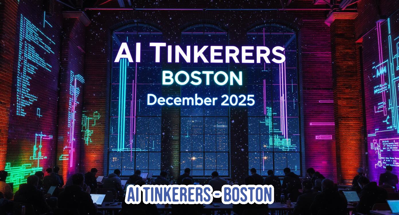 A dark, stylized image of an indoor event featuring attendees working on laptops, overlaid with neon code projections on the brick walls and large white text advertising an AI event.. Text: AI TINKERERS BOSTON December 2025 AI TINKERERS-BOSTON