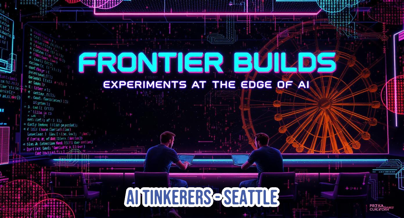 A dark, neon-themed digital banner advertising an event or topic related to AI, featuring the title "FRONTIER BUILDS" in large cyan letters. The background is a futuristic, circuit-board aesthetic with glowing pink and blue lines, simulated code, and a large orange Ferris wheel structure, with two figures working on laptops in the foreground.. Text: FRONTIER BUILDS EXPERIMENTS AT THE EDGE OF AI AI TINKERERS-SEATTLE PRJ ISA CUM FORM