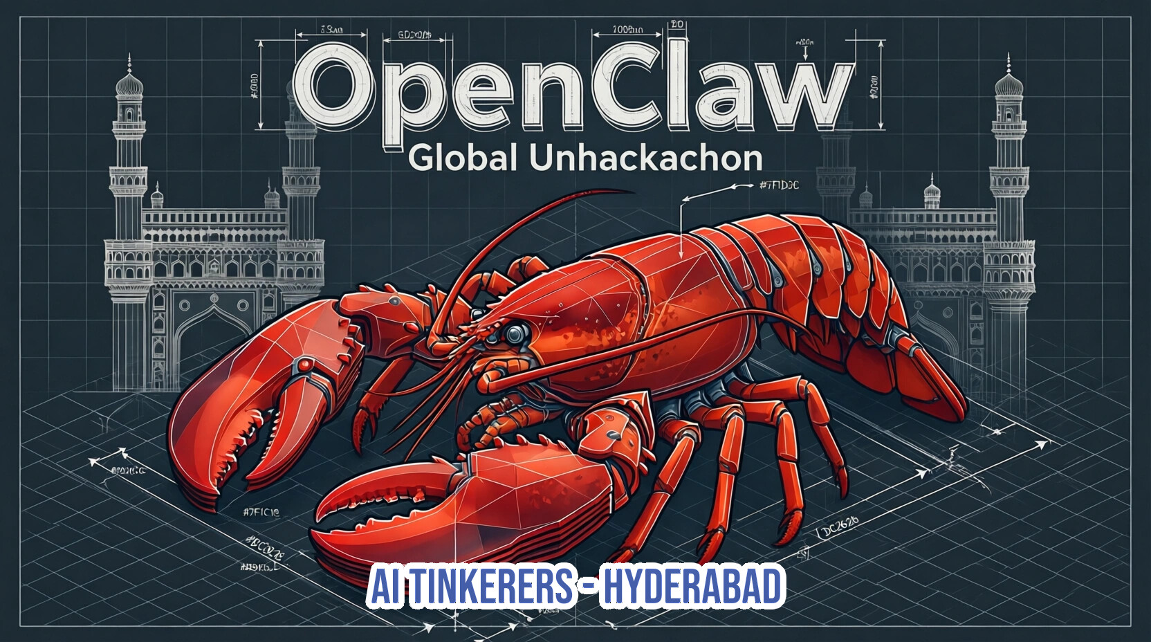 A promotional banner for the 'OpenClaw Global Unhackachon' event in Hyderabad, featuring a detailed red lobster illustration over a technical blueprint background that includes the Charminar monument.. Text: OpenClaw Global Unhackachon AI TINKERERS - HYDERABAD 1000mm 50mm Σ #1F1D0C #7F1C18 #BDC2E #BD2C2B #DC262B 13mm 60mm 20mm