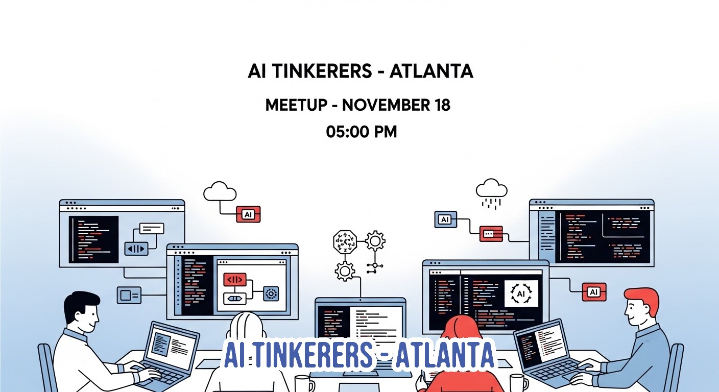 This is a promotional banner advertising an 'AI Tinkerers - Atlanta' meetup, featuring the date and time (November 18, 05:00 PM) above a modern, technical illustration of people working on computers and interconnected AI systems.. Text: AI TINKERERS - ATLANTA MEETUP - NOVEMBER 18 05:00 PM AI TINKERERS - ATLANTA AI AI AI