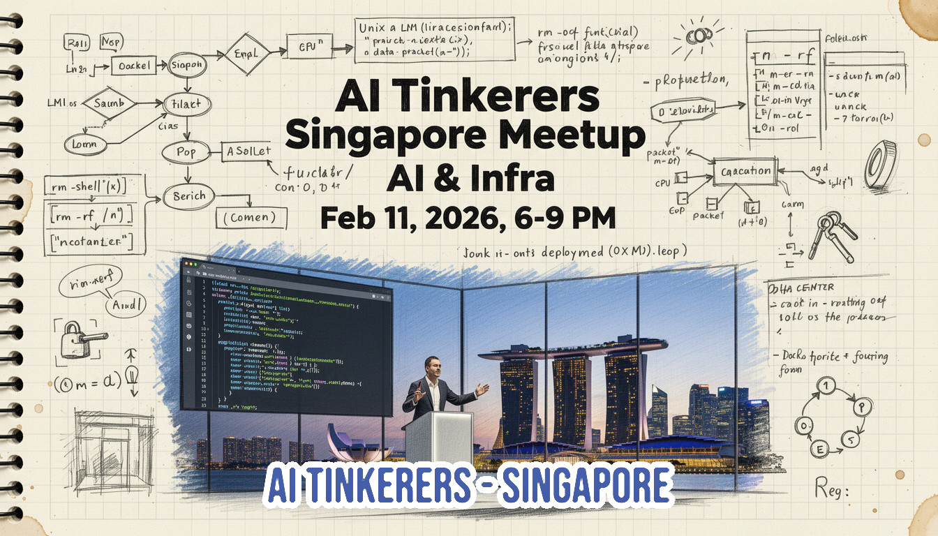 A promotional banner for the 'AI Tinkerers Singapore Meetup' focused on AI & Infra, scheduled for February 11, 2026. The graphic is stylized as a sketch on a grid-lined notebook page, featuring a presenter speaking in front of a large screen displaying code, with the Singapore skyline visible through the windows.. Text: AI Tinkerers Singapore Meetup AI & Infra Feb 11, 2026, 6-9 PM AI TINKERERS - SINGAPORE Reg: Unix A LM (liracesionfant); rm-ocf funt(cial) DATA CENTER Jonk it-onts deployed (OXM).leop [Various technical terms and flow chart labels: Roll, NGP, Oackel, Siopoh, EmpL, CPU, LMI, Saumb, Filaet, Pop, ASolLet, Serich, (Comen), rm-shell(x), rm-rf /n], [Code snippets visible on screen]