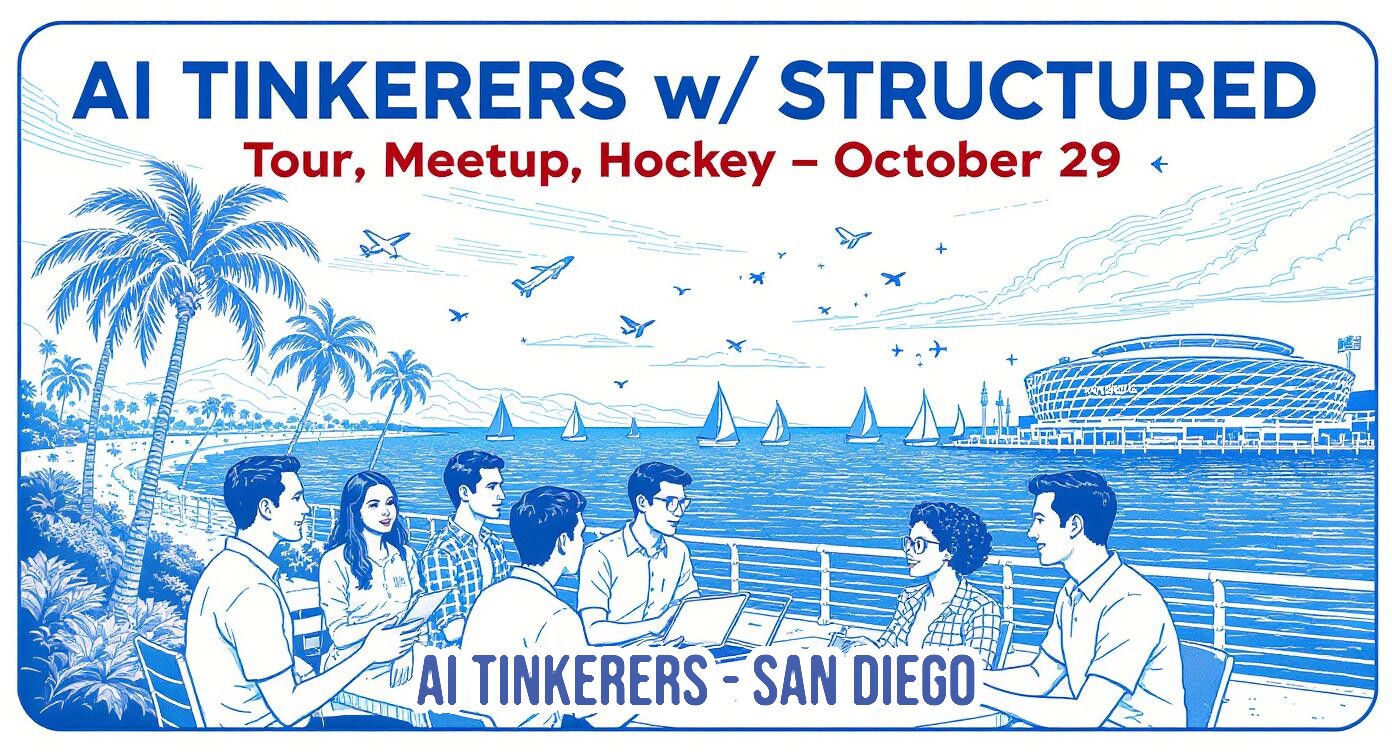 A promotional banner for an event called 'AI TINKERERS' featuring a blue and white line-art illustration of a group meeting outdoors by the water in San Diego, with palm trees and a stadium in the background.. Text: AI TINKERERS w/ STRUCTURED Tour, Meetup, Hockey – October 29 AI TINKERERS - SAN DIEGO