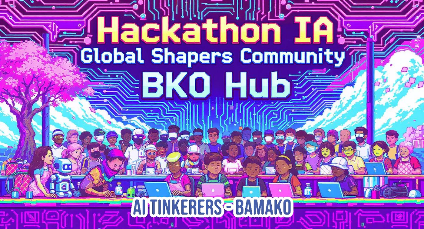 (Banner) A vibrant, retro-futuristic digital banner advertising the 'Hackathon IA' event, featuring a large, diverse group of people gathered in a setting overlaid with neon pink and blue circuit board patterns. Text: Hackathon IA Global Shapers Community BKO Hub AI TINKERERS - BAMAKO Bold, retro, synthwave/vaporwave aesthetic, digital illustration | Colors: #FFFF00, #E000FF, #00FFFF, #2C006B Note: The image is a graphic design piece featuring prominent, layered text advertising a specific event (a Hackathon), making its primary function promotional, fitting the banner category.