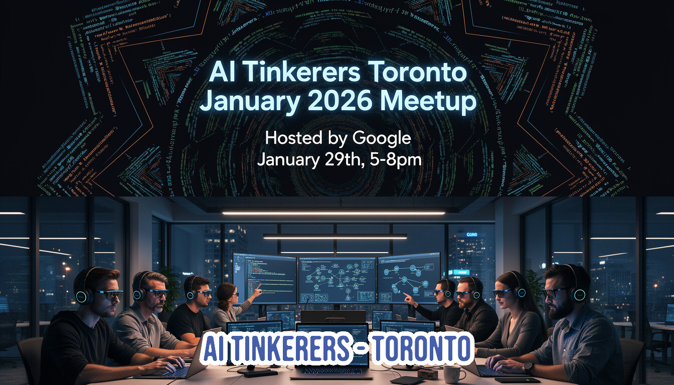 A promotional banner for the 'AI Tinkerers Toronto January 2026 Meetup,' featuring event details prominently displayed above an image of people working in a dark, modern office environment.. Text: AI Tinkerers Toronto
January 2026 Meetup
Hosted by Google
January 29th, 5-8pm
AI TINKERERS-TORONTO