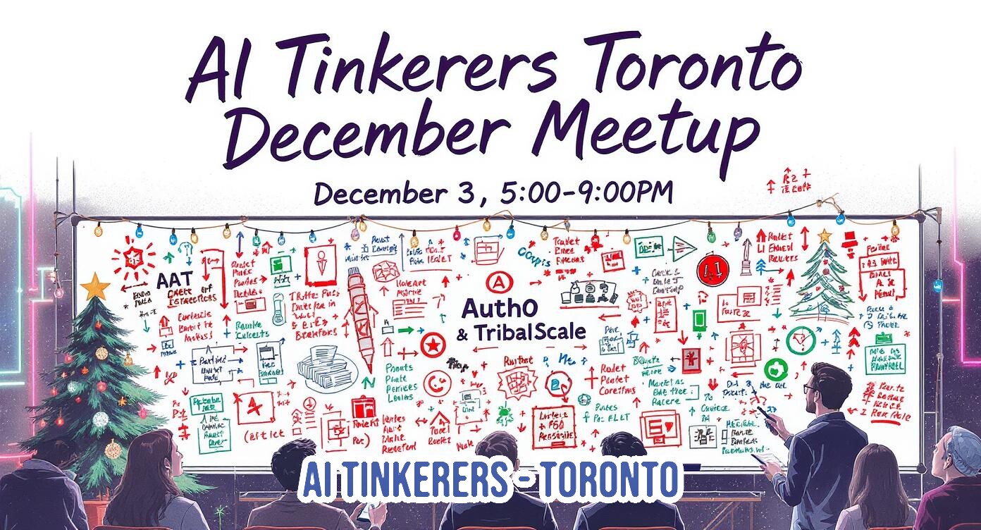 An illustrated promotional banner advertising the 'AI Tinkerers Toronto December Meetup,' featuring the date and time above an illustration of attendees watching a presentation on a large, festive whiteboard.. Text: AI Tinkerers Toronto December Meetup, December 3, 5:00–9:00PM, Auth0 & TribalScale, AI TINKERERS TORONTO