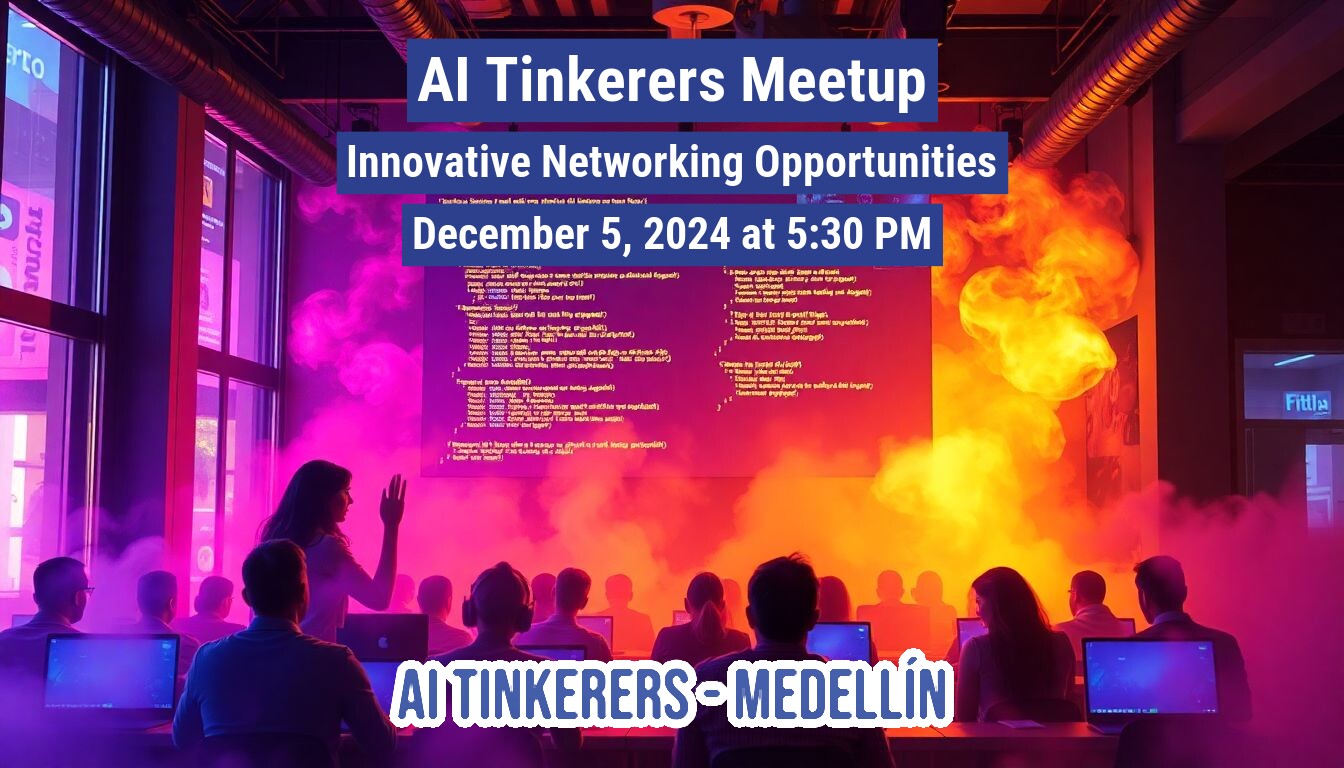 A banner advertising an AI Tinkerers Meetup in Medellín on December 5, 2024, at 5:30 PM, featuring people sitting at laptops in a room with colorful lighting and smoke effects.. Text: AI Tinkerers Meetup
Innovative Networking Opportunities
December 5, 2024 at 5:30 PM
AI TINKERERS-MEDELLÍN