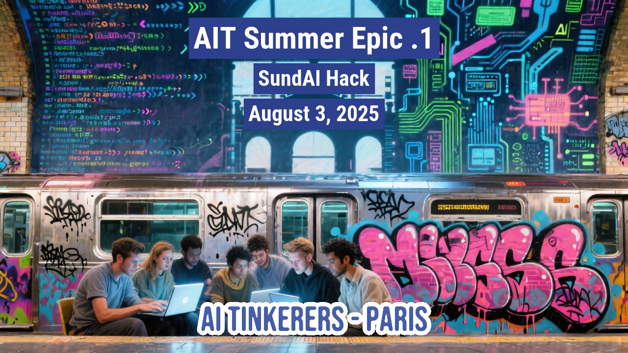 A group of people are working on laptops on a subway platform next to a graffiti-covered train, with a large digital projection or illustration of circuit board patterns and code on the wall behind them. Prominent text overlays promote an event.. Text: AIT Summer Epic . 1
SundAI Hack
August 3, 2025
AI TINKERERS - PARIS