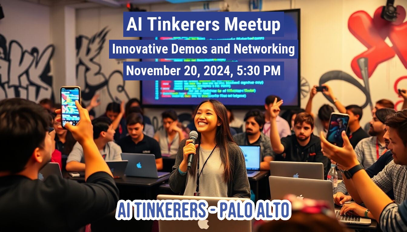 A photo of a group of people at an AI Tinkerers Meetup, with someone presenting and others recording or watching.. Text: AI Tinkerers Meetup
Innovative Demos and Networking
November 20, 2024, 5:30 PM
AI TINKERERS - PALO ALTO