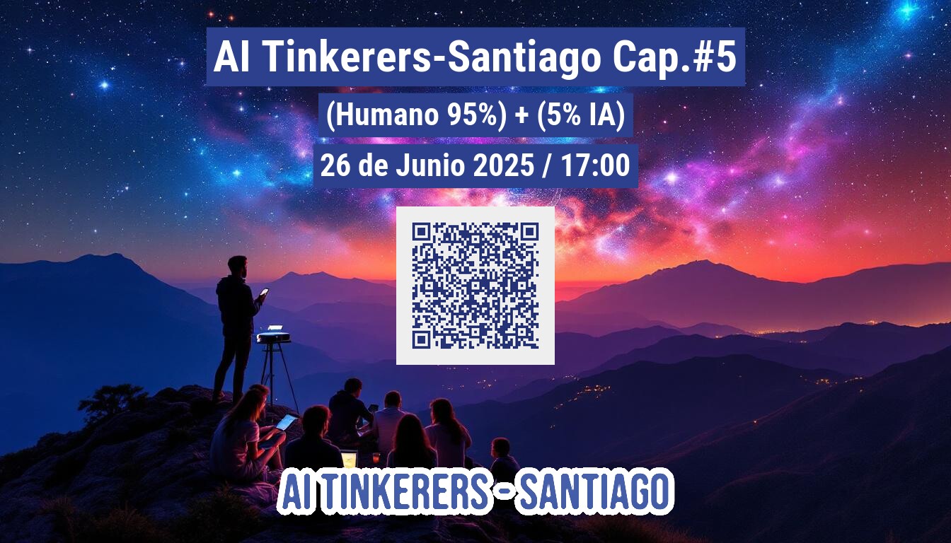 A promotional banner for an event titled 'AI Tinkerers-Santiago Cap.#5', featuring event details and a QR code. The background depicts a group of people silhouetted on a mountain peak under a vibrant, starry night sky.. Text: AI Tinkerers-Santiago Cap.#5
(Humano 95%) + (5% IA)
26 de Junio 2025 / 17:00
AI TINKERERS-SANTIAGO