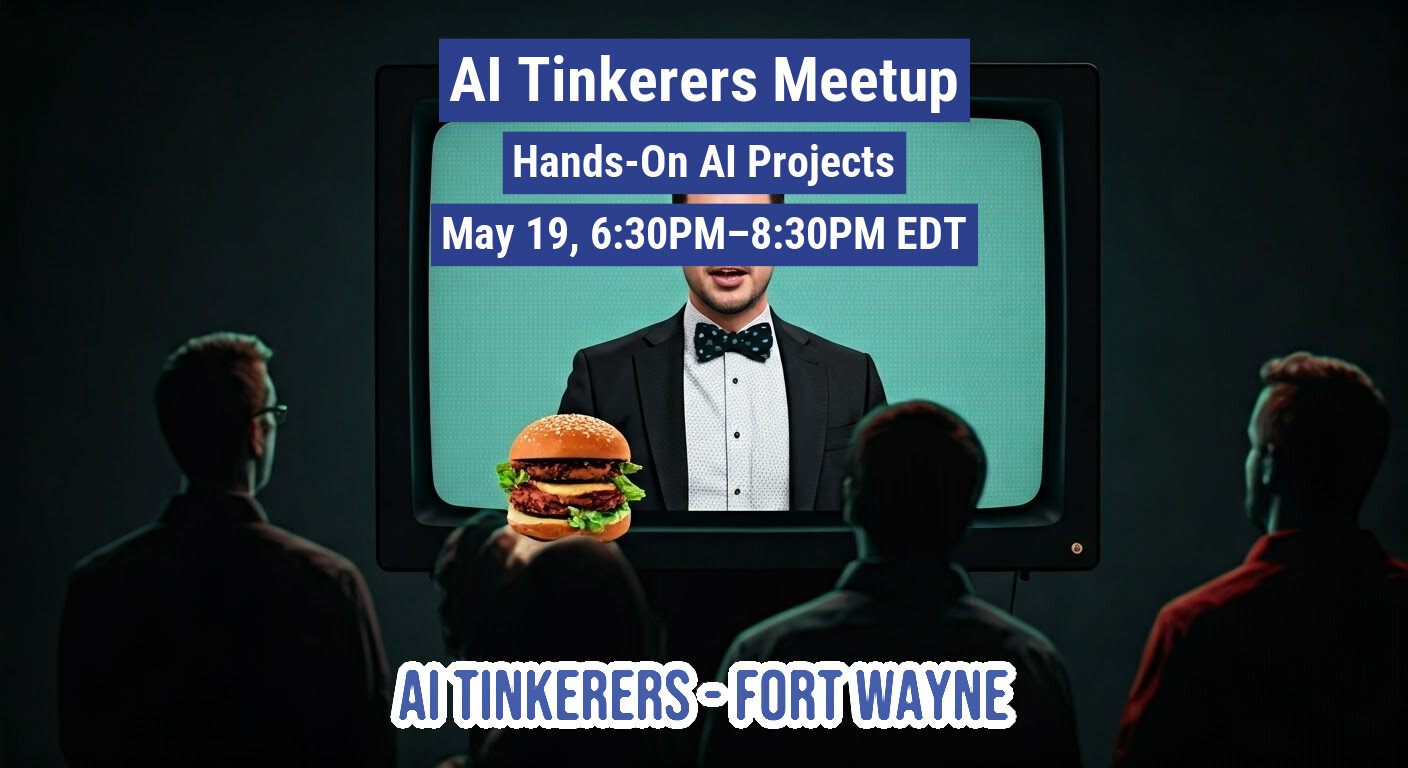 The image is a digitally manipulated photo advertising an 'AI Tinkerers Meetup' on May 19th, featuring people watching a screen with a man in a suit and a burger.. Text: AI Tinkerers Meetup
Hands-On Al Projects
May 19, 6:30PM-8:30PM EDT
AI TINKERERS FORT WAYNE