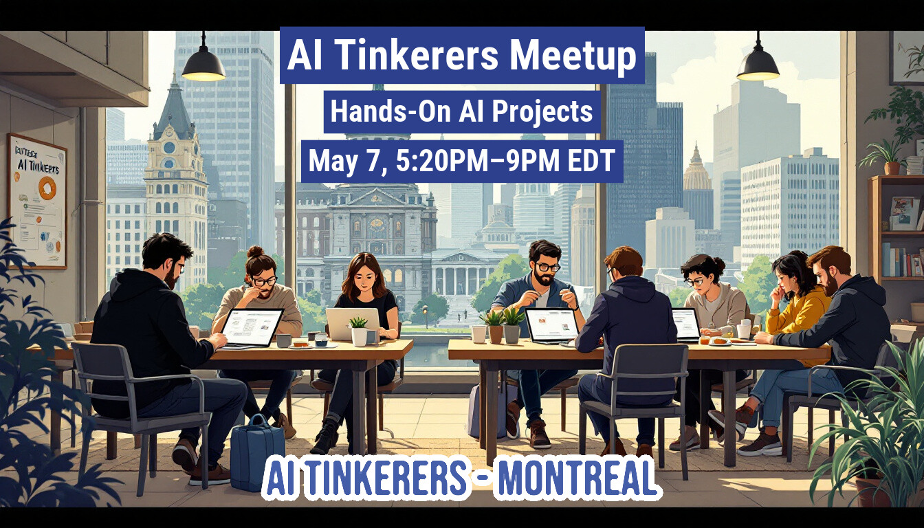 The image depicts a group of people working on laptops around tables, with a city skyline visible through the windows. The image advertises an "AI Tinkerers Meetup" with the date and time.. Text: Al Tinkeers
AI Tinkerers Meetup
Hands-On Al Projects
May 7, 5:20PM-9PM EDT
AI TINKERERS-MONTREAL