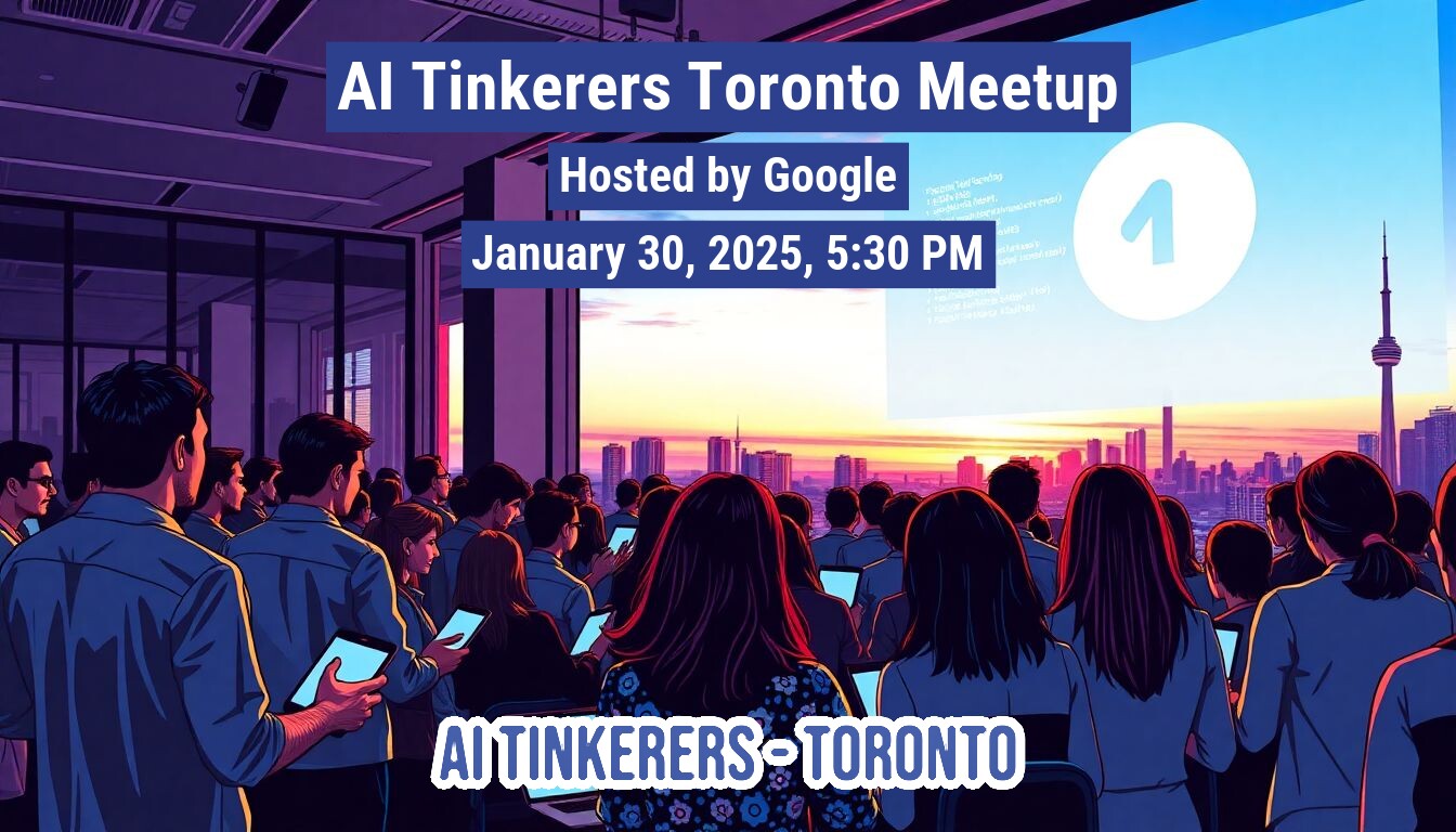 An illustration of a group of people attending an AI Tinkerers Toronto Meetup, hosted by Google.. Text: Al Tinkerers Toronto Meetup
Hosted by Google
January 30, 2025, 5:30 PM
AI TINKERERS - TORONTO
1