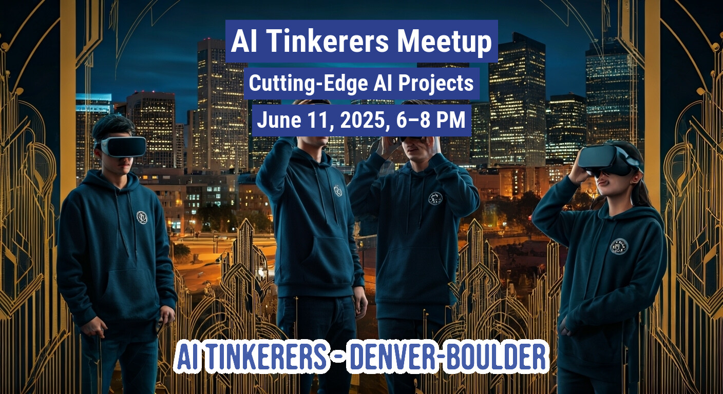 This image is an event banner for an 'AI Tinkerers Meetup,' featuring four individuals wearing VR headsets against a backdrop of a city skyline at night and stylized golden Art Deco patterns. The banner provides details about the event's topic, date, and time.. Text: AI Tinkerers Meetup
Cutting-Edge AI Projects
June 11, 2025, 6–8 PM
AI TINKERERS - DENVER-BOULDER