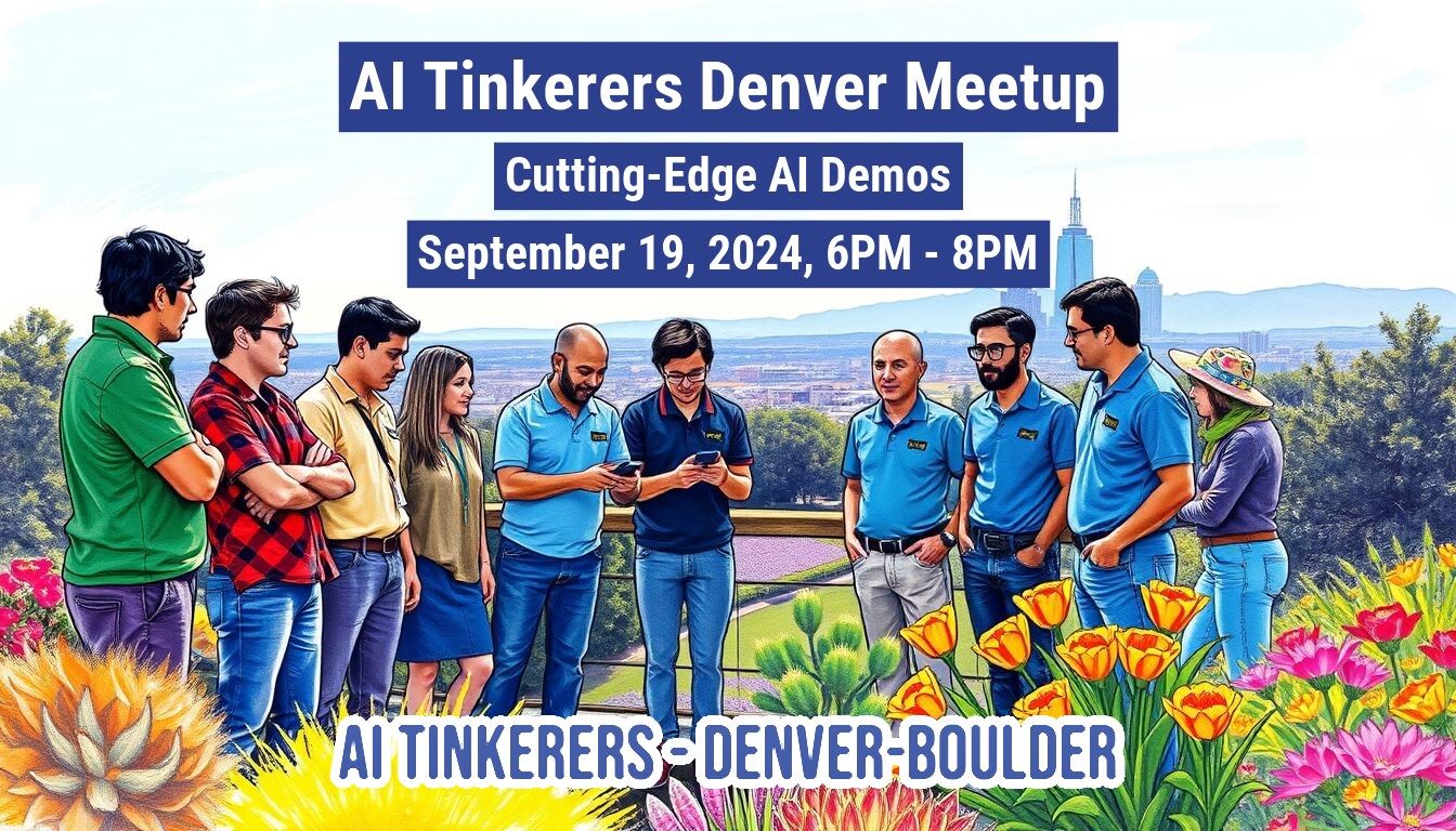 A banner advertising an AI Tinkerers Denver Meetup on September 19, 2024, featuring cutting-edge AI demos.. Text: AI Tinkerers Denver Meetup
Cutting-Edge AI Demos
September 19, 2024, 6PM - 8PM
AI TINKERERS-DENVER-BOULDER