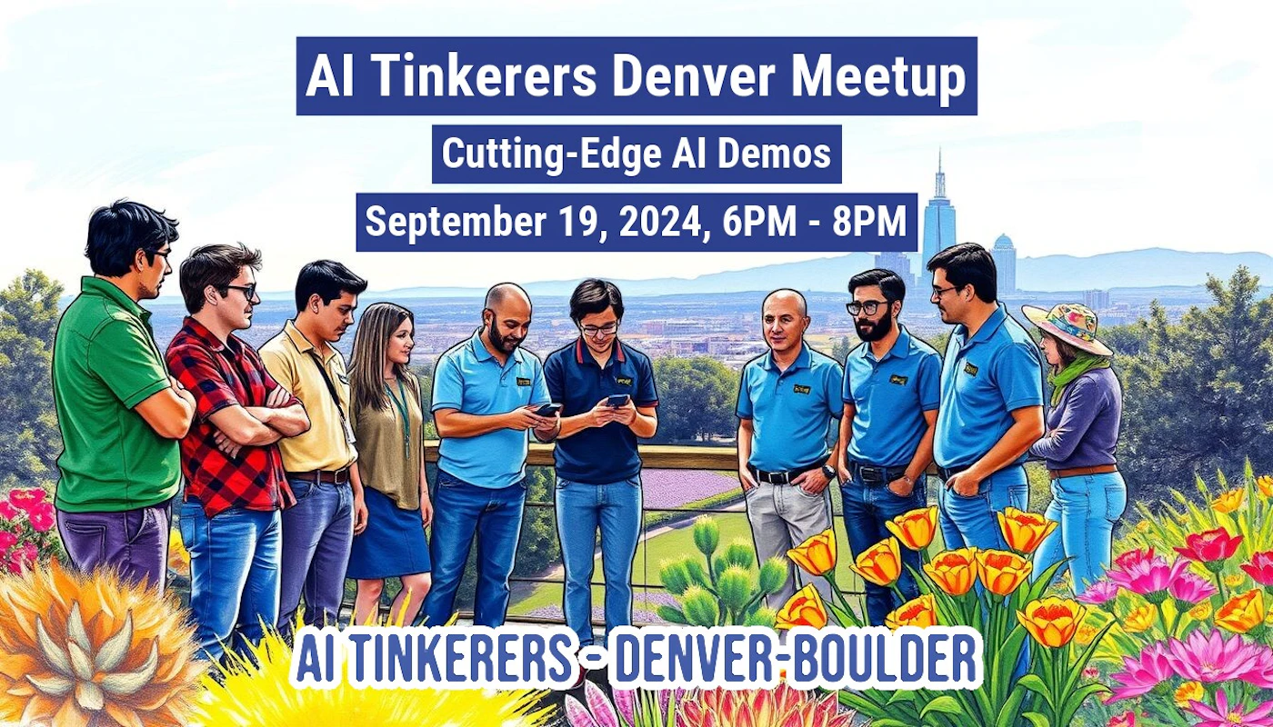 (Banner) A banner advertising an AI Tinkerers Denver Meetup on September 19, 2024, featuring cutting-edge AI demos. Text: AI Tinkerers Denver Meetup Cutting-Edge AI Demos September 19, 2024, 6PM - 8PM AI TINKERERS-DENVER-BOULDER modern, colorful | Colors: #272EA1, #FFFFFF, #3666B3 Note: The image is clearly a promotional banner advertising an event with details about the date, time, and topic. It has a headline, event information, and a call to action (implied through the event details).