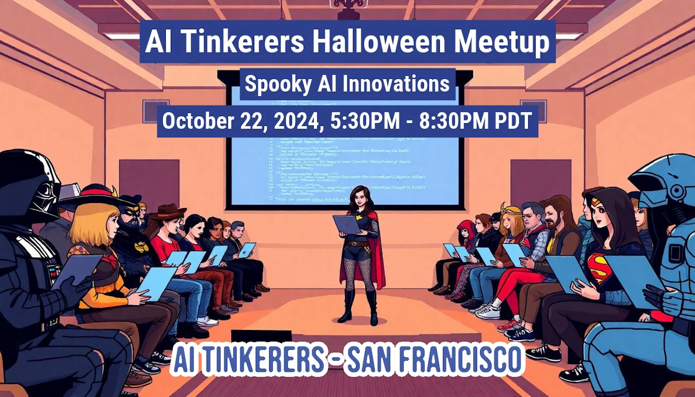 (Illustration) An illustration of a Halloween meetup for AI Tinkerers in San Francisco. Text: Al Tinkerers Halloween Meetup Spooky Al Innovations October 22, 2024, 5:30PM - 8:30PM PDT AI TINKERERS - SAN FRANCISCO flat, 2D | Colors: #2e278f, #e9a758, #f05454 Note: The image is a cartoon-like drawing depicting a scene, making it an illustration. It's not a photo or other realistic image.