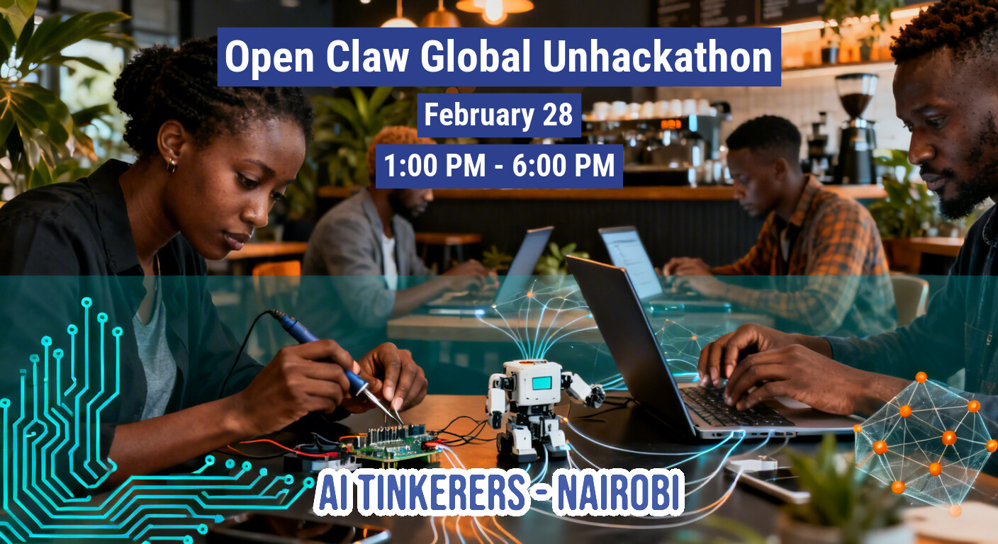 A promotional banner for the 'Open Claw Global Unhackathon' in Nairobi, featuring people working on electronics and laptops with digital tech overlays.. Text: Open Claw Global Unhackathon
February 28
1:00 PM - 6:00 PM
AI TINKERERS - NAIROBI