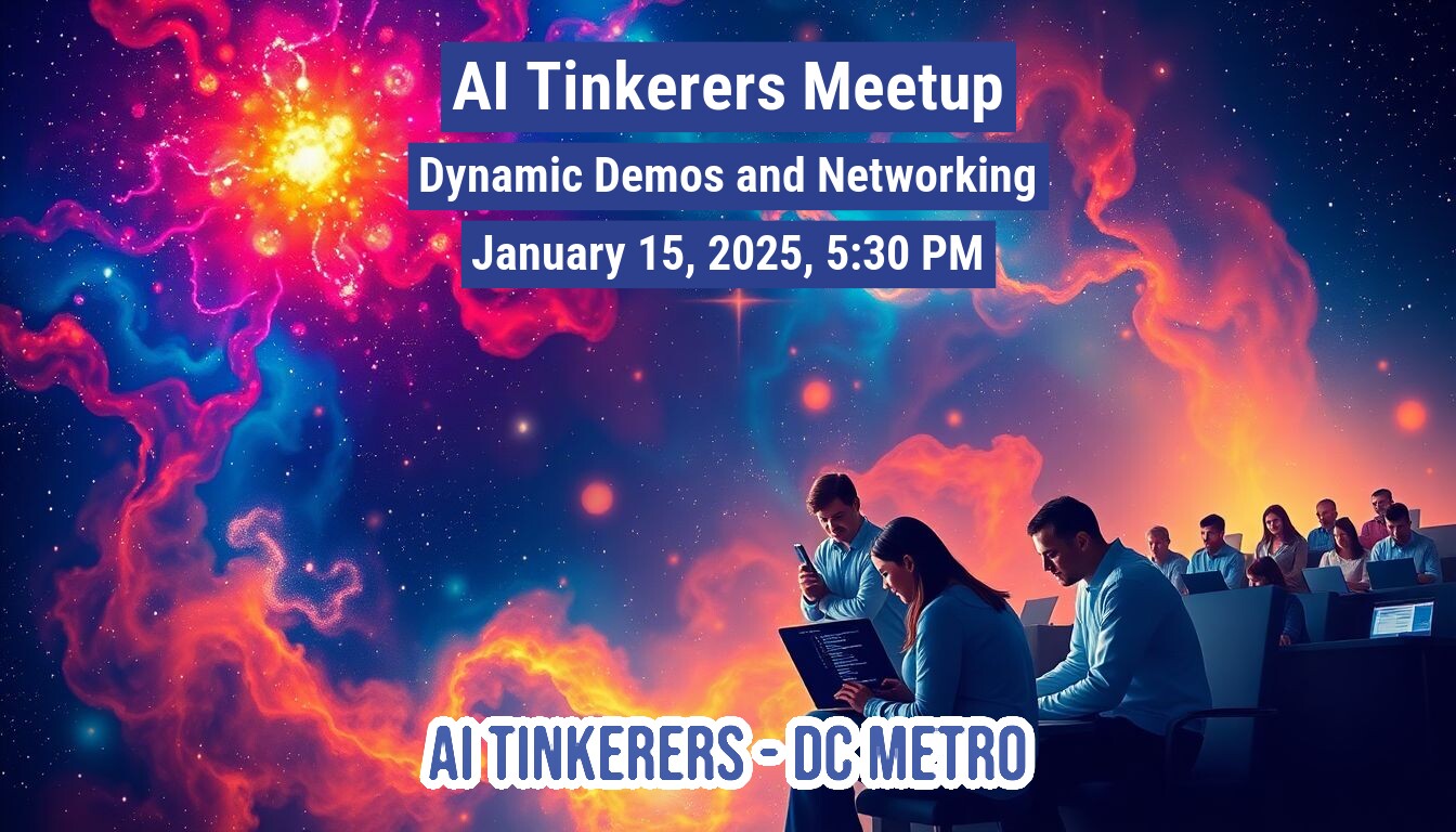 A banner advertising an AI Tinkerers Meetup in the DC Metro area on January 15, 2025, at 5:30 PM, featuring dynamic demos and networking.. Text: AI Tinkerers Meetup
Dynamic Demos and Networking
January 15, 2025, 5:30 PM
AI TINKERERS - DC METRO