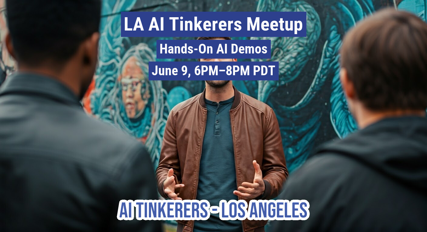 This image is a promotional banner for an AI Tinkerers Meetup in Los Angeles. It features event details superimposed on a photo of people standing in front of a mural.. Text: LA AI Tinkerers Meetup
Hands-On Al Demos
June 9, 6PM-8PM PDT
AI TINKERERS-LOS ANGELES
