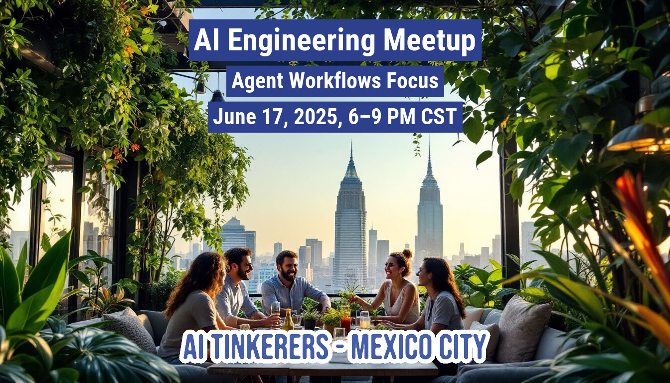 This is a promotional image for an AI Engineering Meetup focused on Agent Workflows. The event is scheduled for June 17, 2025, from 6-9 PM CST and hosted by AI Tinkerers in Mexico City.. Text: AI Engineering Meetup
Agent Workflows Focus
June 17, 2025, 6-9 PM CST
AI TINKERERS - MEXICO CITY