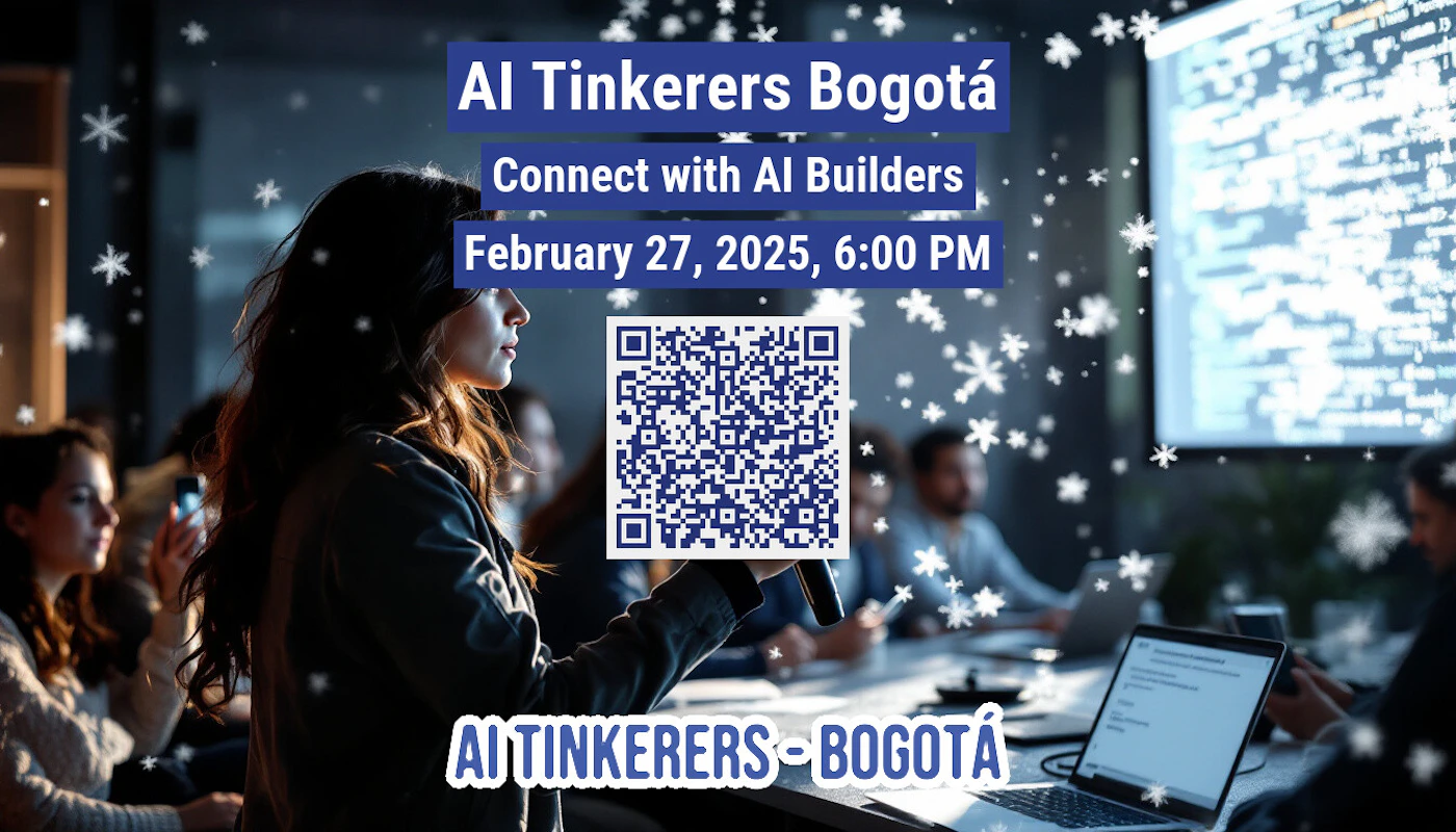 (Banner) A banner advertising an AI Tinkerers event in Bogotá on February 27, 2025. Text: Al Tinkerers Bogotá Connect with Al Builders February 27, 2025, 6:00 PM AI TINKERERS - BOGOTÁ modern, informational | Colors: #2e2782, #ffffff Note: The image is a promotional graphic with event details, clearly designed as a web banner or social media post to advertise the event.