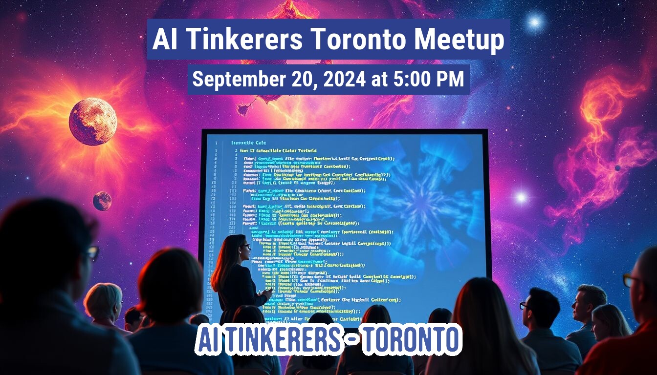 An advertisement for an AI Tinkerers Toronto Meetup on September 20, 2024, shows a presentation screen with code in front of an audience with a space-themed background.. Text: Al Tinkerers Toronto Meetup
September 20, 2024 at 5:00 PM
Tastle Cele
AI TINKERERS-TORONTO