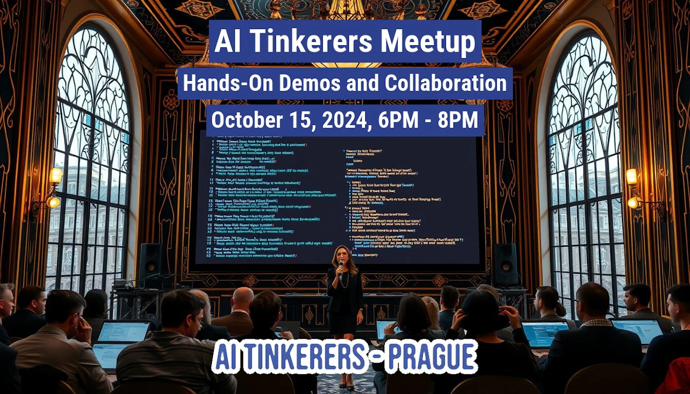 (Photo) A photo of a meetup about AI, showing a presentation with code on a screen and an audience listening to a speaker. Text: Al Tinkerers Meetup Hands-On Demos and Collaboration October 15, 2024, 6PM - 8PM AI TINKERERS - PRAGUE people | indoor | presentation, audience, speaker | event photography Note: The image is a real-life photograph of an event. It captures people, a presentation screen, and the venue.