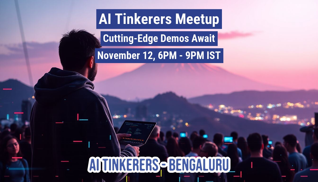 A banner advertising an AI Tinkerers Meetup in Bengaluru on November 12th.  It features a person holding a laptop overlooking a cityscape at sunset.. Text: Al Tinkerers Meetup
Cutting-Edge Demos Await
November 12, 6PM - 9PM IST
AI TINKERERS- BENGALURU